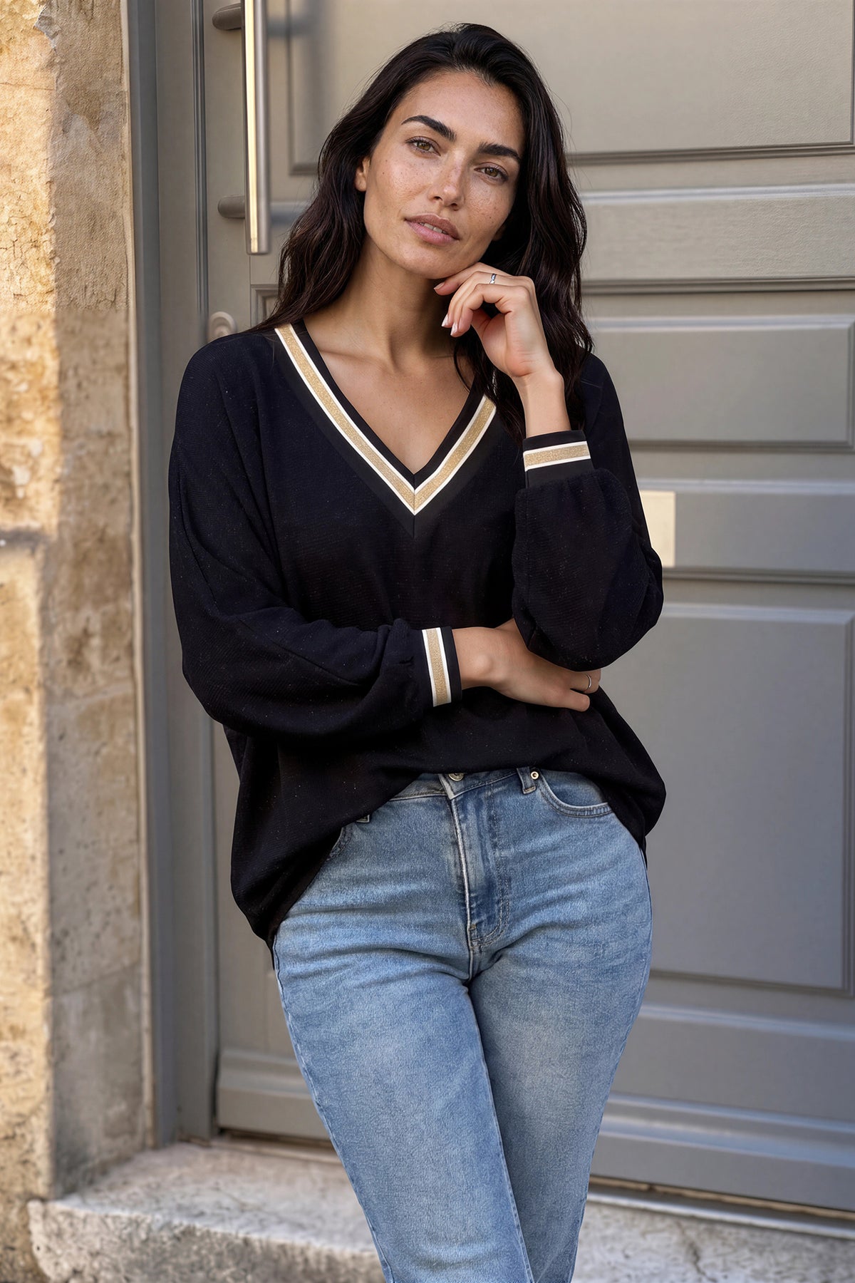 Black and Gold Lurex V-Neck Sweater
