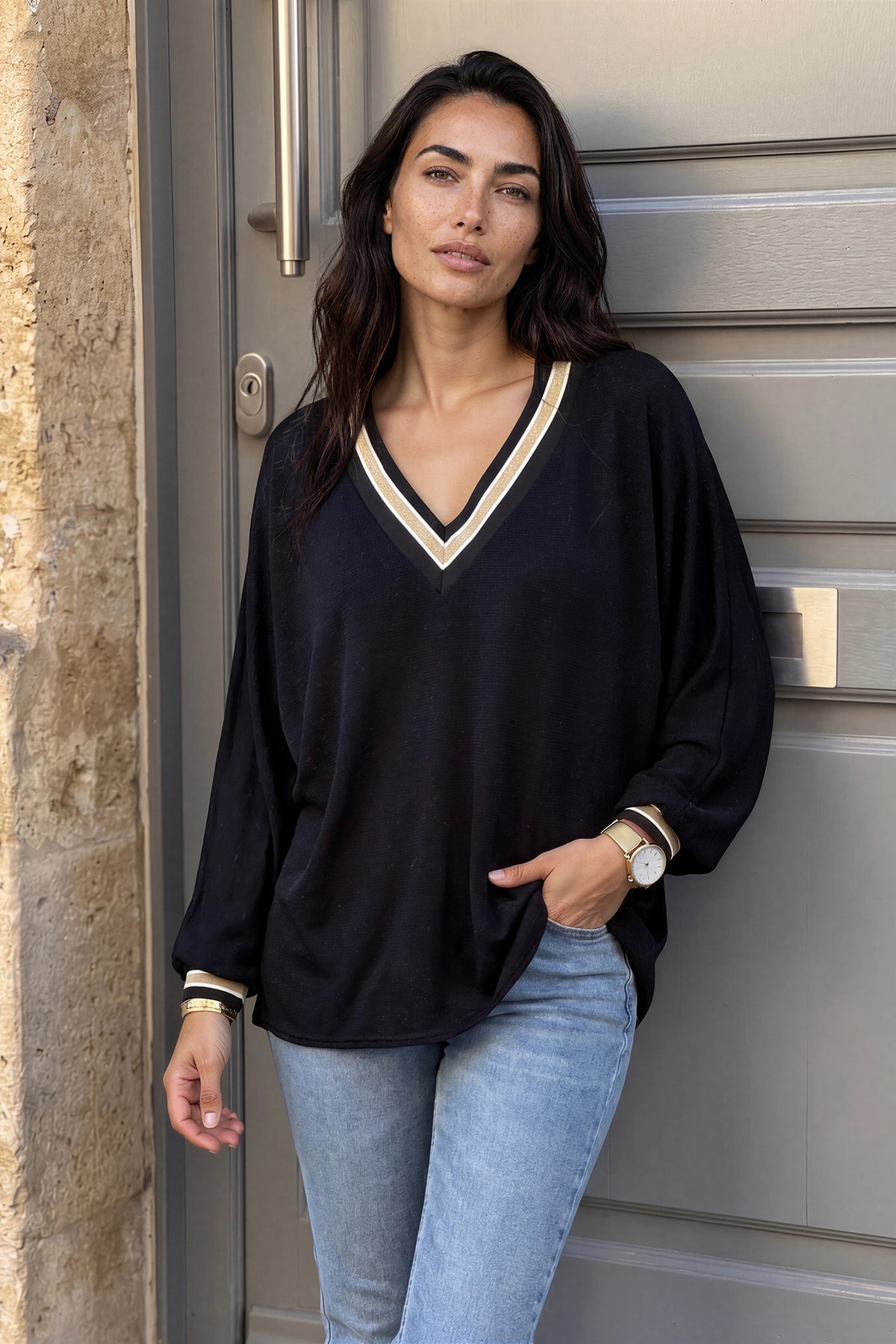 Black and Gold Lurex V-Neck Sweater