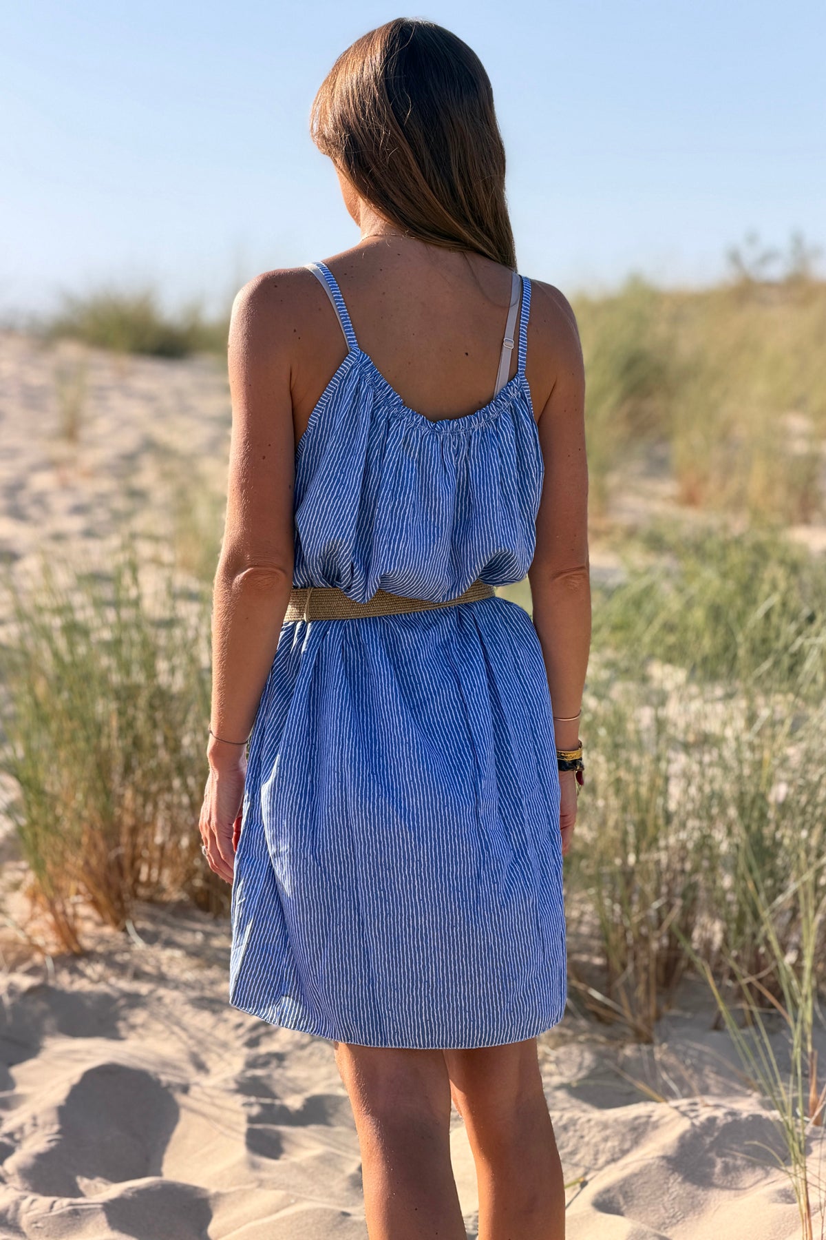 Blue Crinkle Stripe Strappy Sun Dress