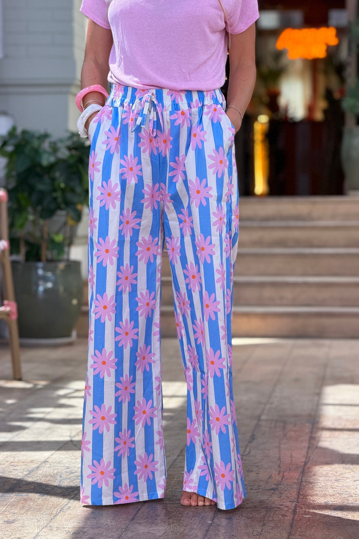 Blue Daisy Stripe Drawstring Palazzo Pants