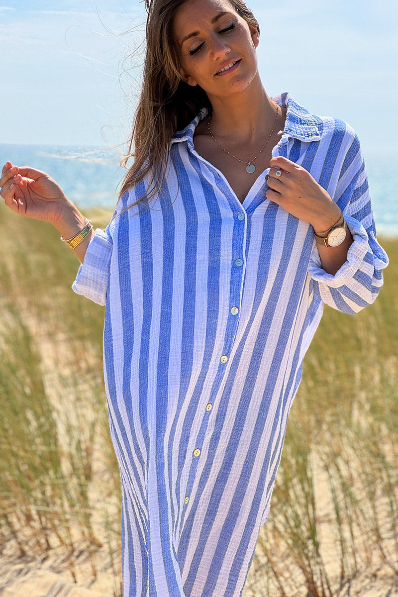 Blue Stripe Gauze Shirt Dress