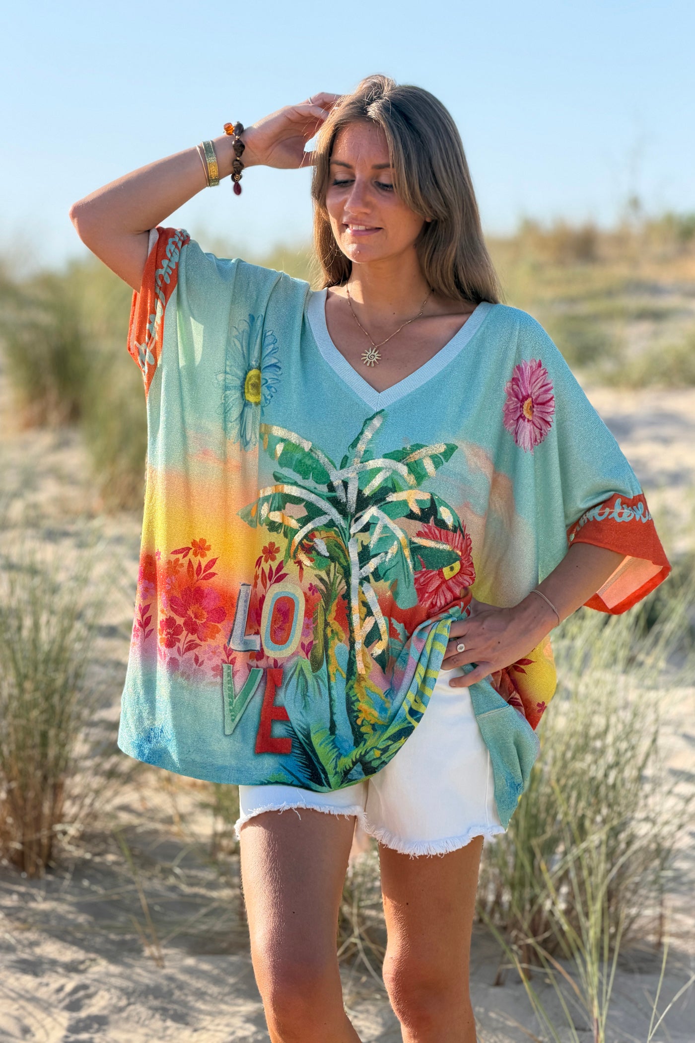 Blue “Do it More” Tropical Glitter Knit Tunic