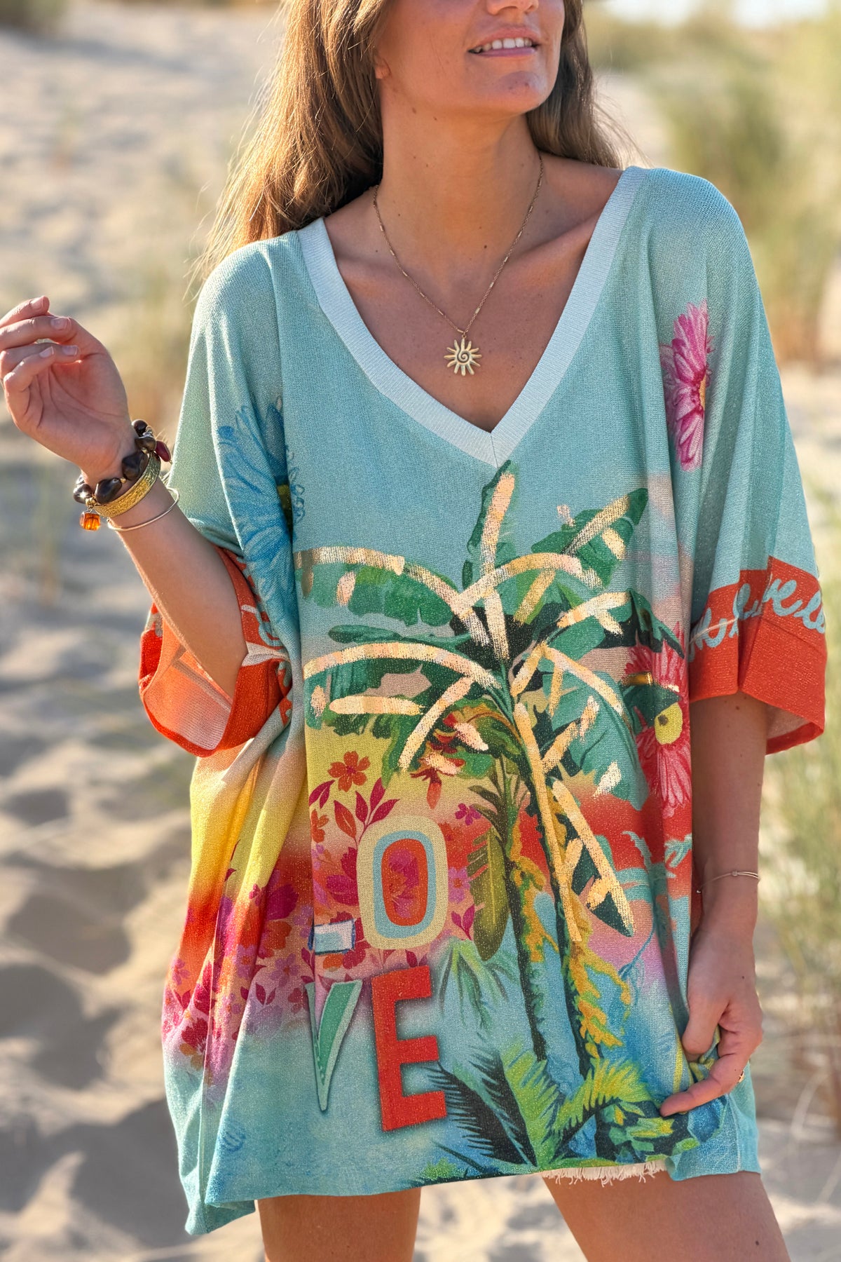 Blue “Do it More” Tropical Glitter Knit Tunic
