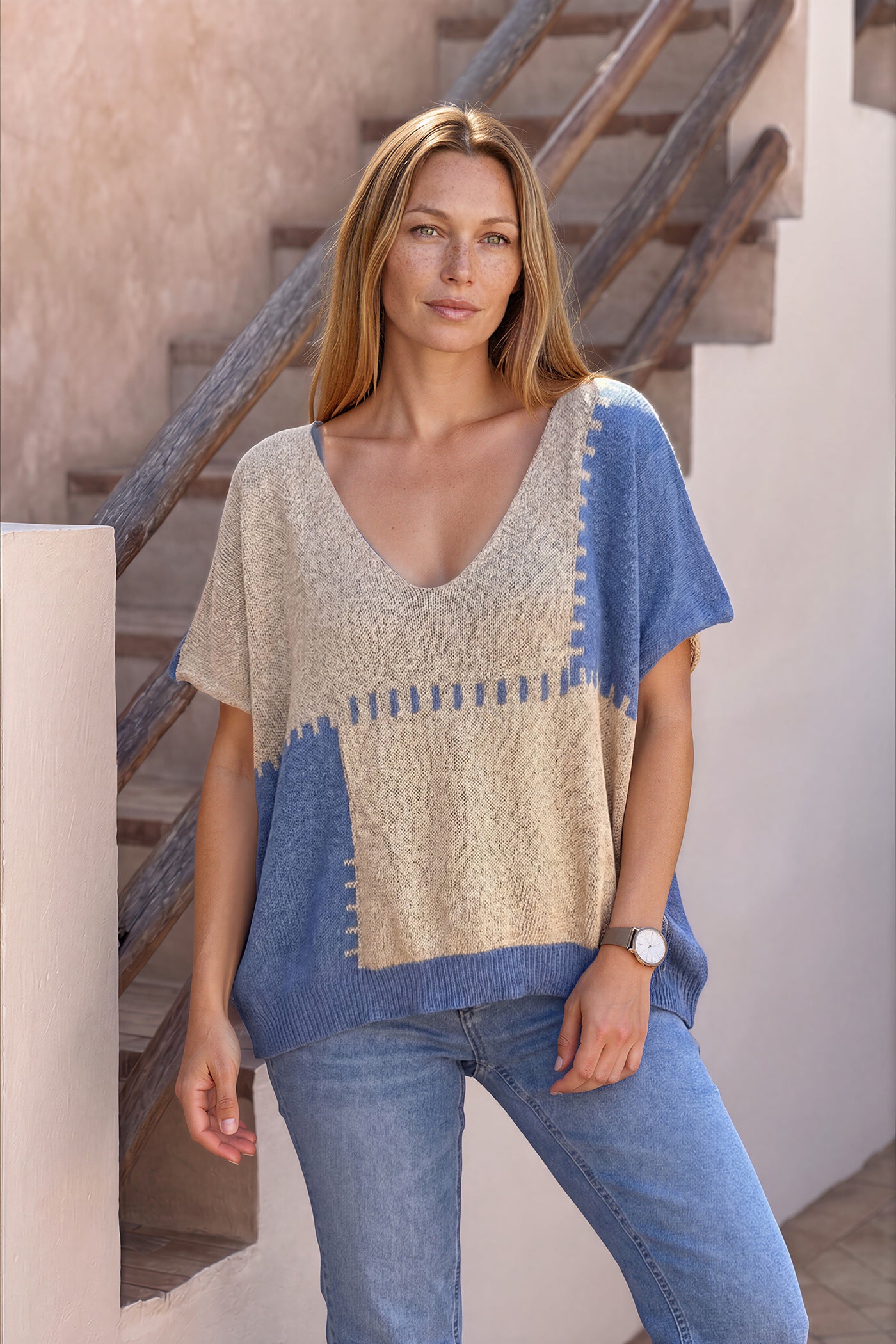 Blue Glitter Knit Blanket Square Blouse