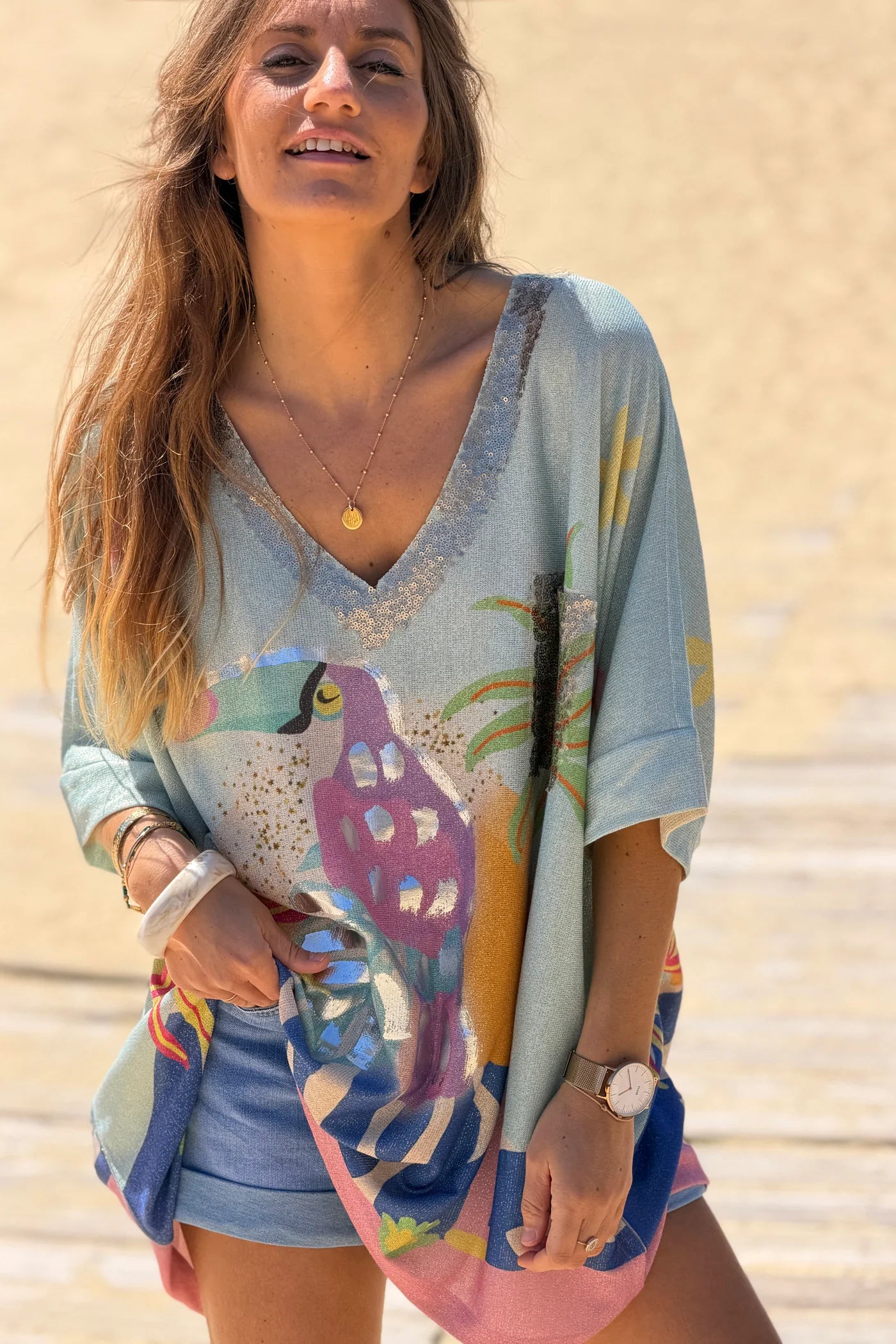 Blue Peaceful Toucan Glitter Knit Tunic