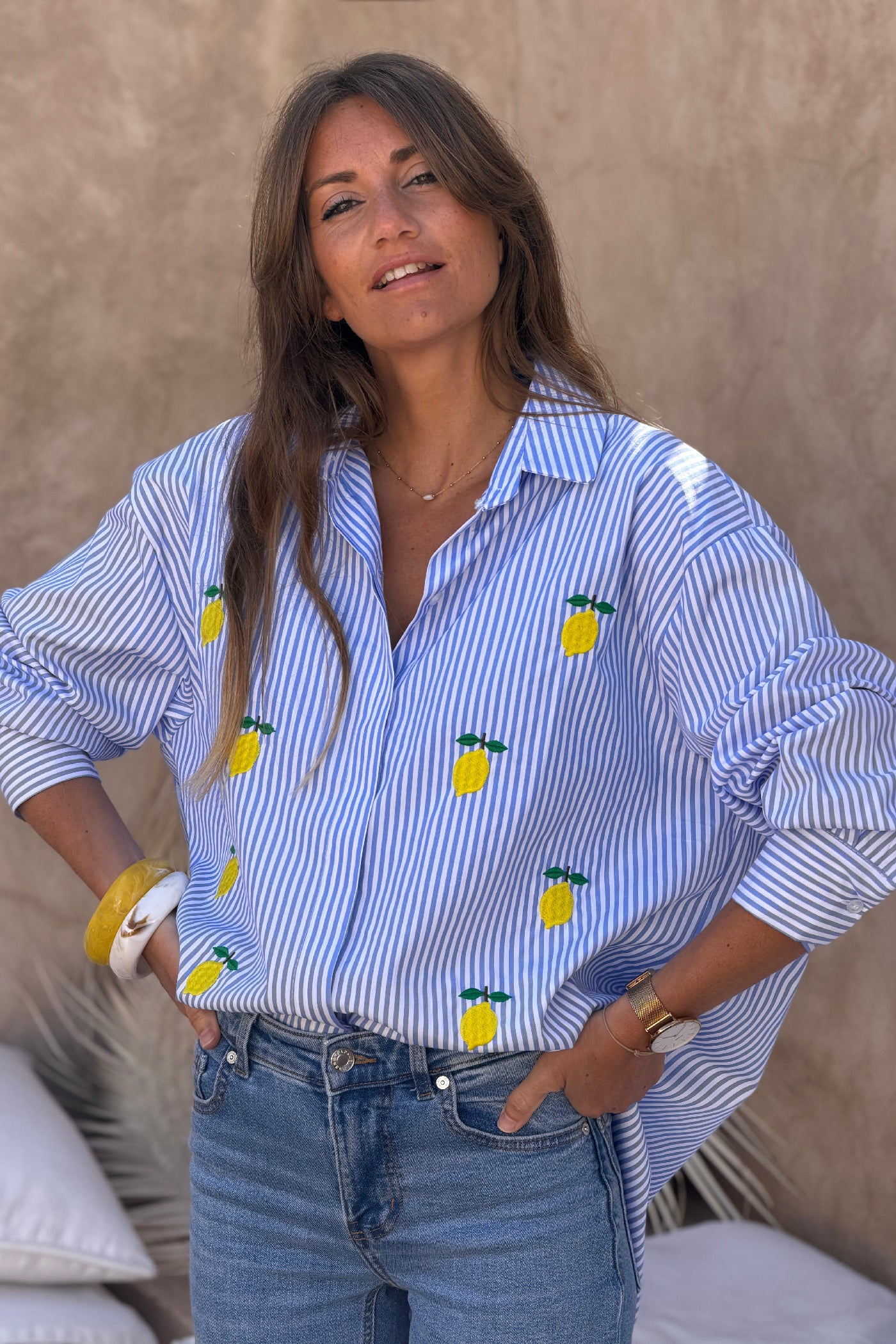 Blue Pinstripe Lemon Love Button-Down Blouse