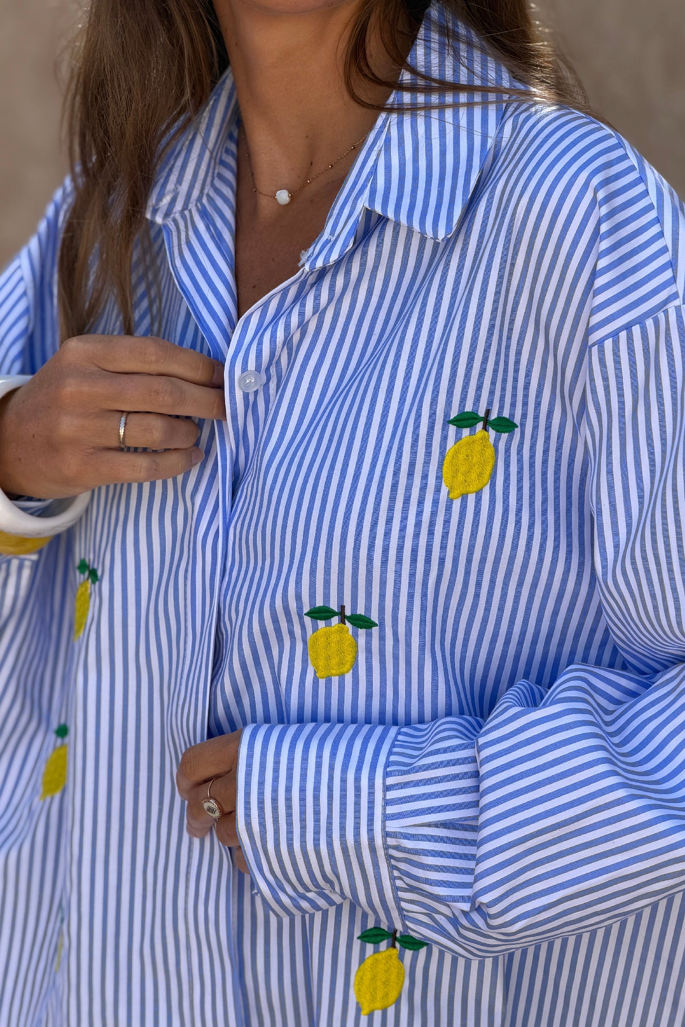 Blue Pinstripe Lemon Love Button-Down Blouse