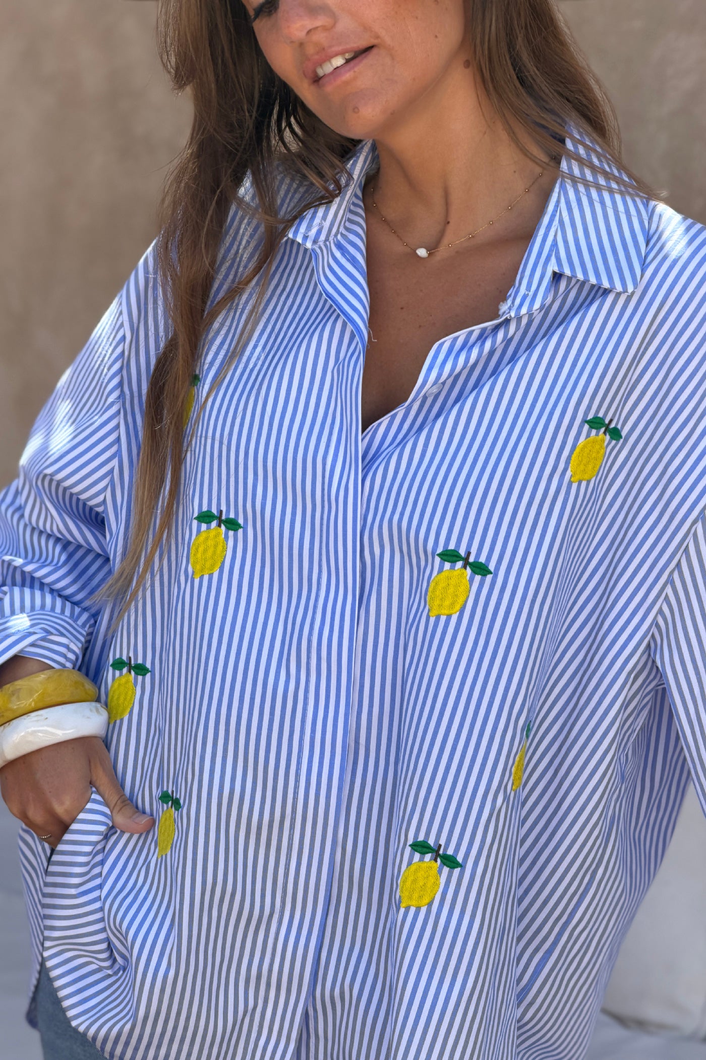 Blue Pinstripe Lemon Love Button-Down Blouse