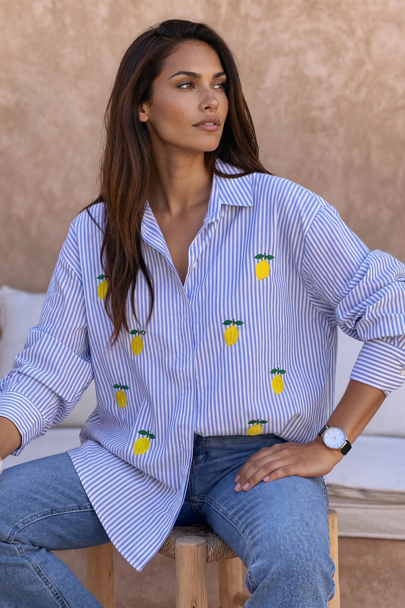 Blue Pinstripe Lemon Love Button-Down Blouse