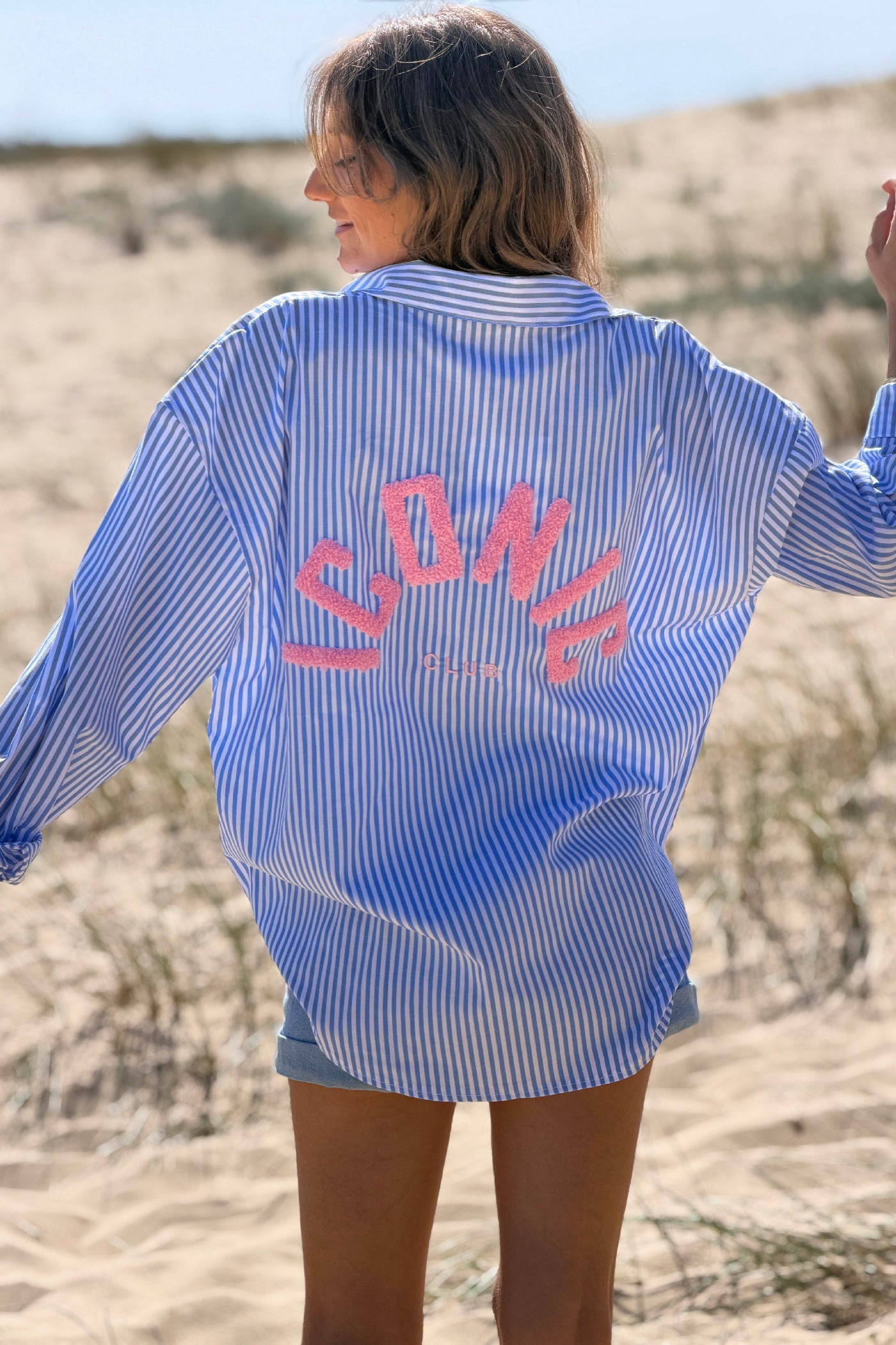 Blue Pinstripe “Iconic Club” Button-Down Blouse