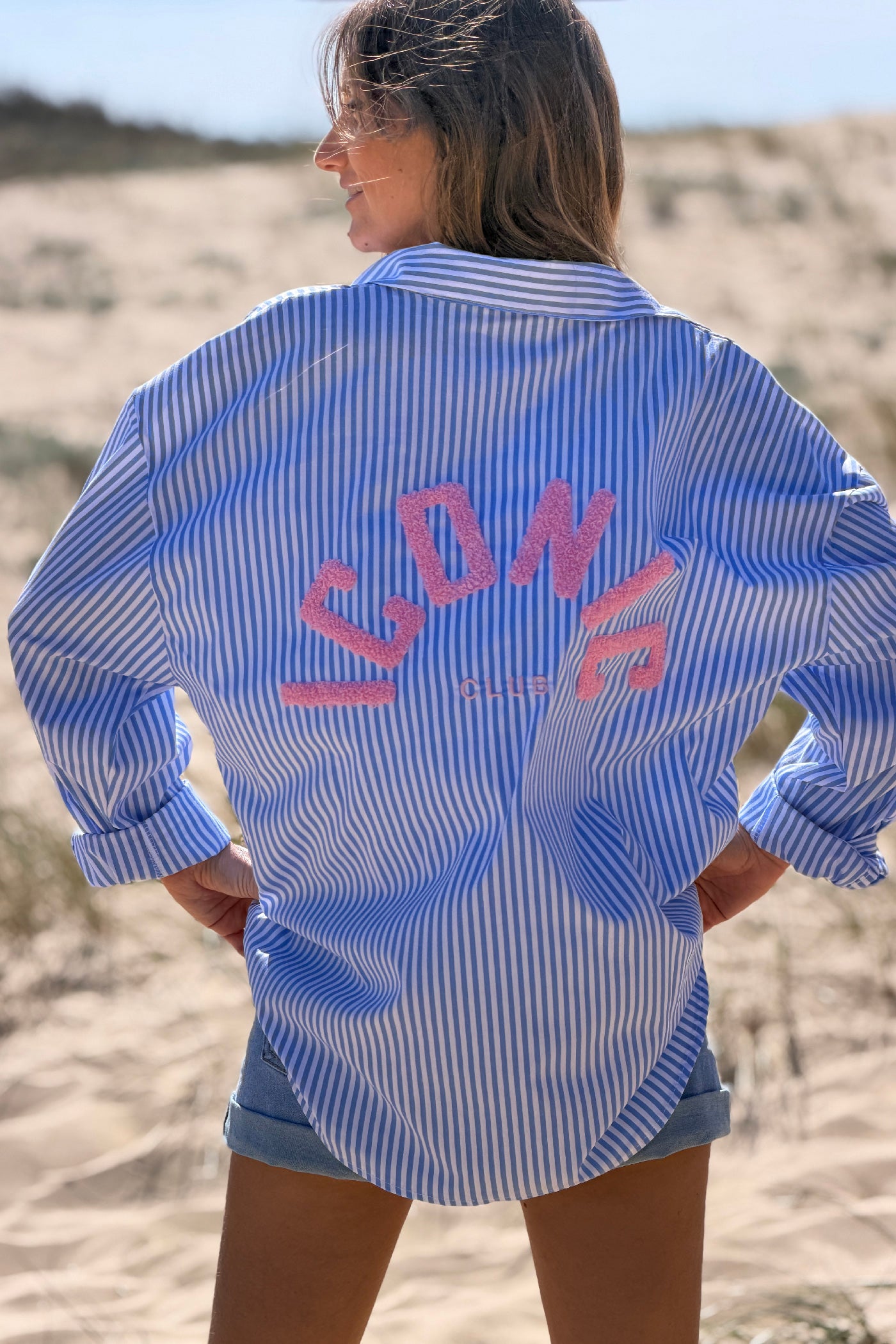 Blue Pinstripe “Iconic Club” Button-Down Blouse