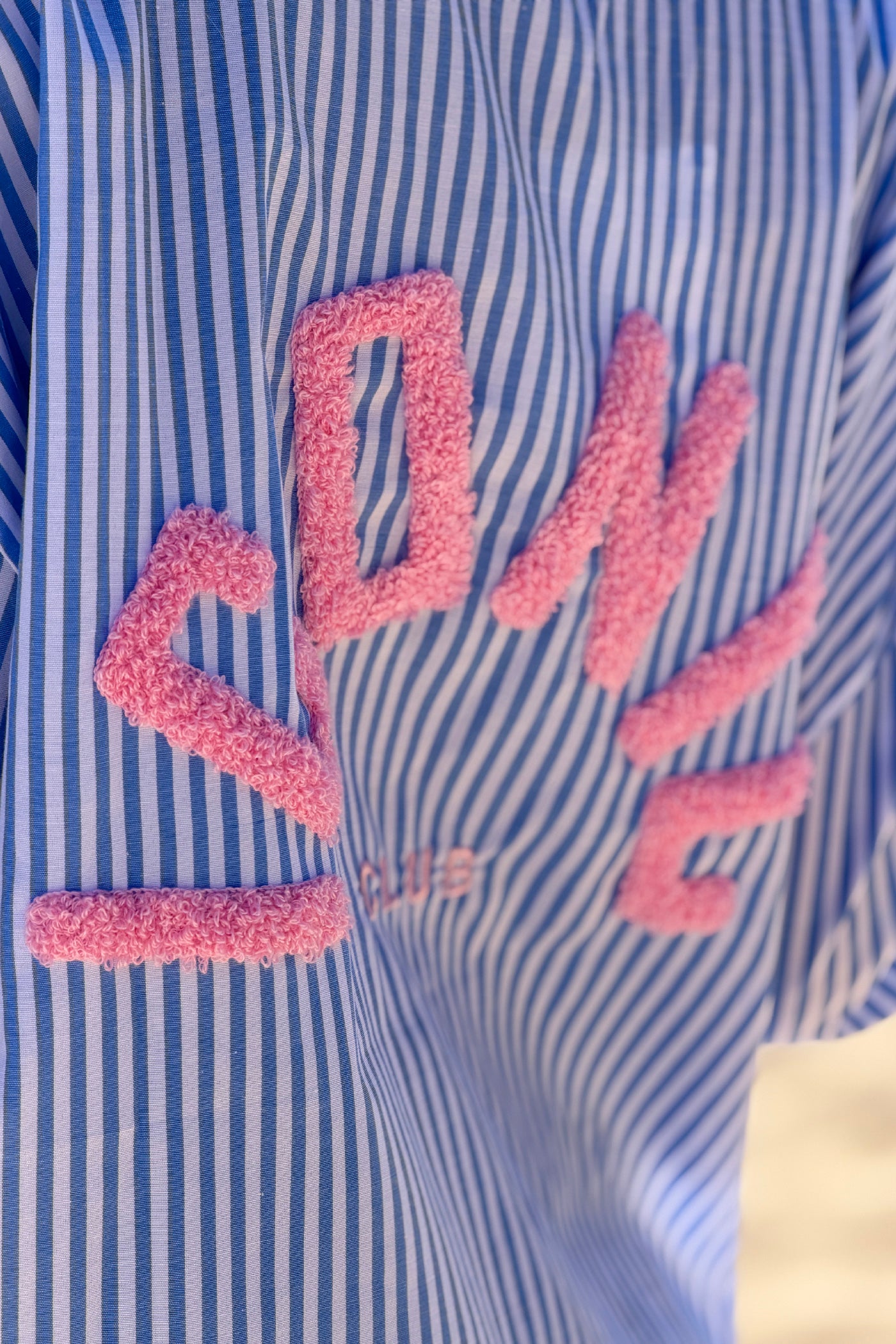 Blue Pinstripe “Iconic Club” Button-Down Blouse