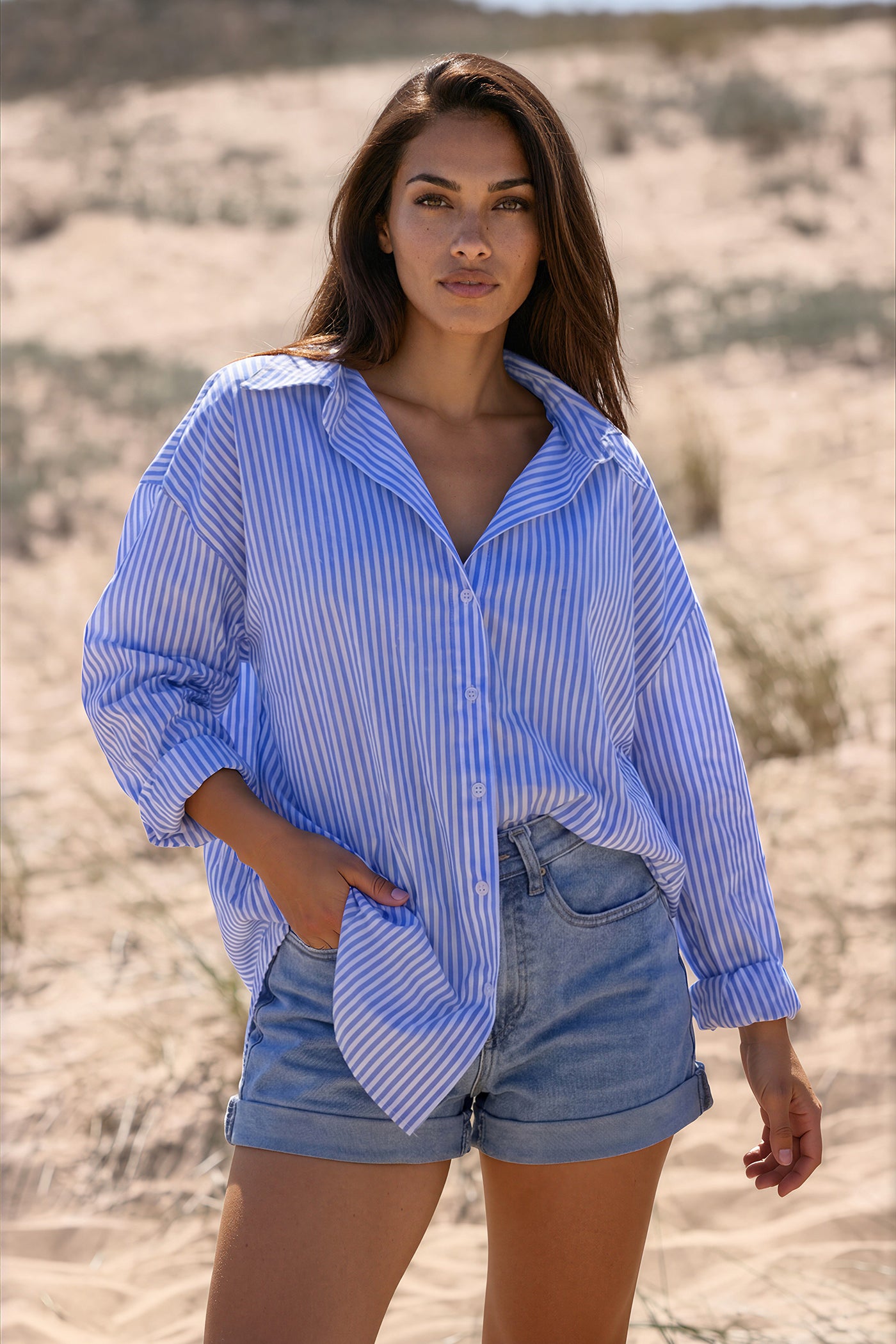Blue Pinstripe “Iconic Club” Button-Down Blouse