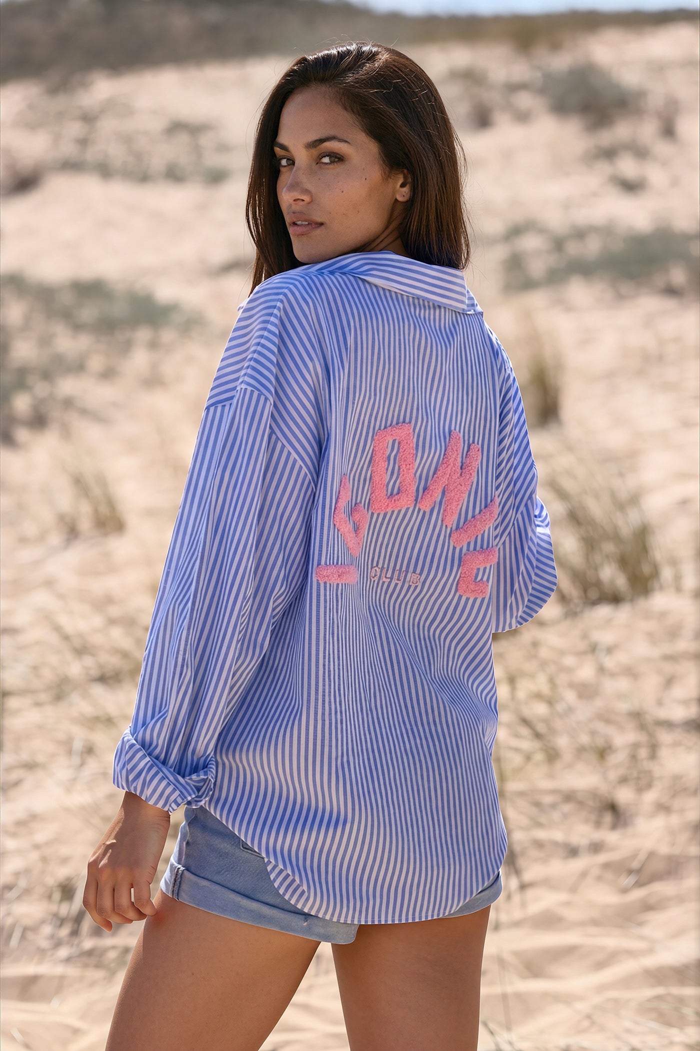Blue Pinstripe “Iconic Club” Button-Down Blouse