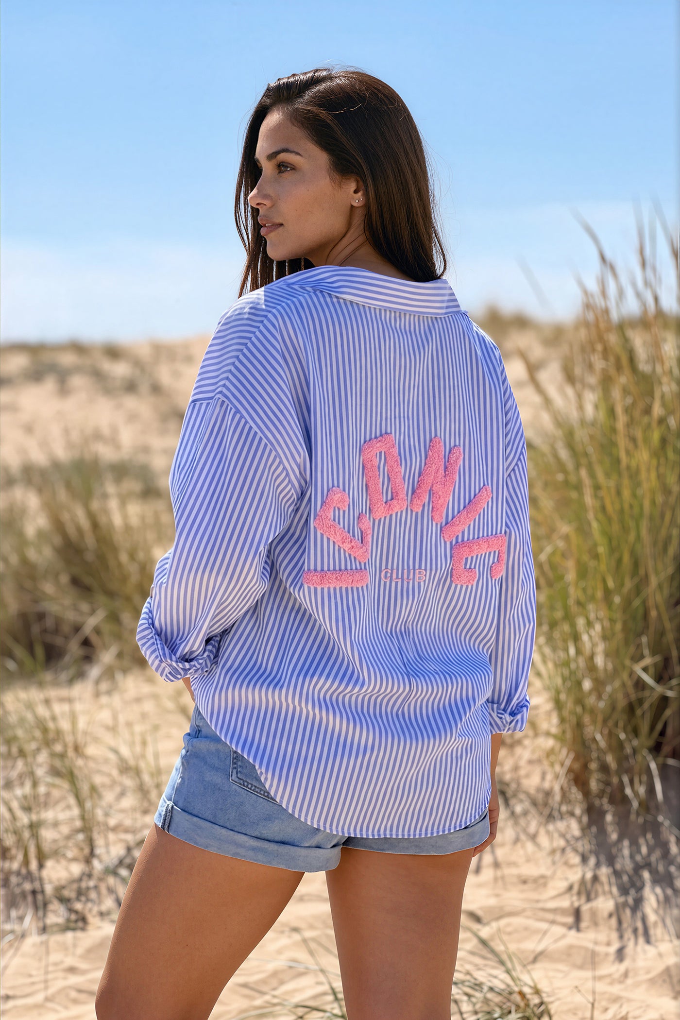 Blue Pinstripe “Iconic Club” Button-Down Blouse