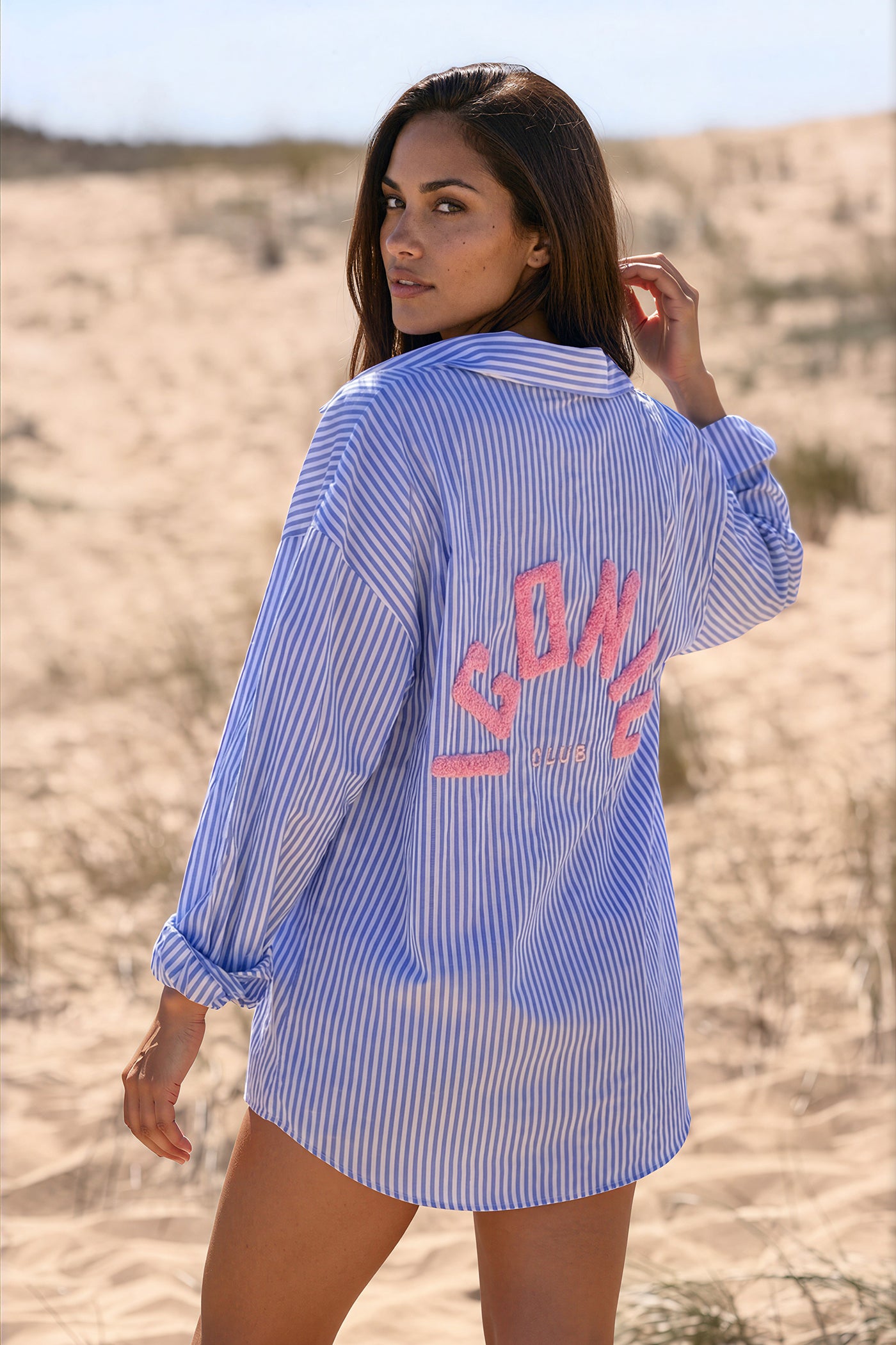 Blue Pinstripe “Iconic Club” Button-Down Blouse