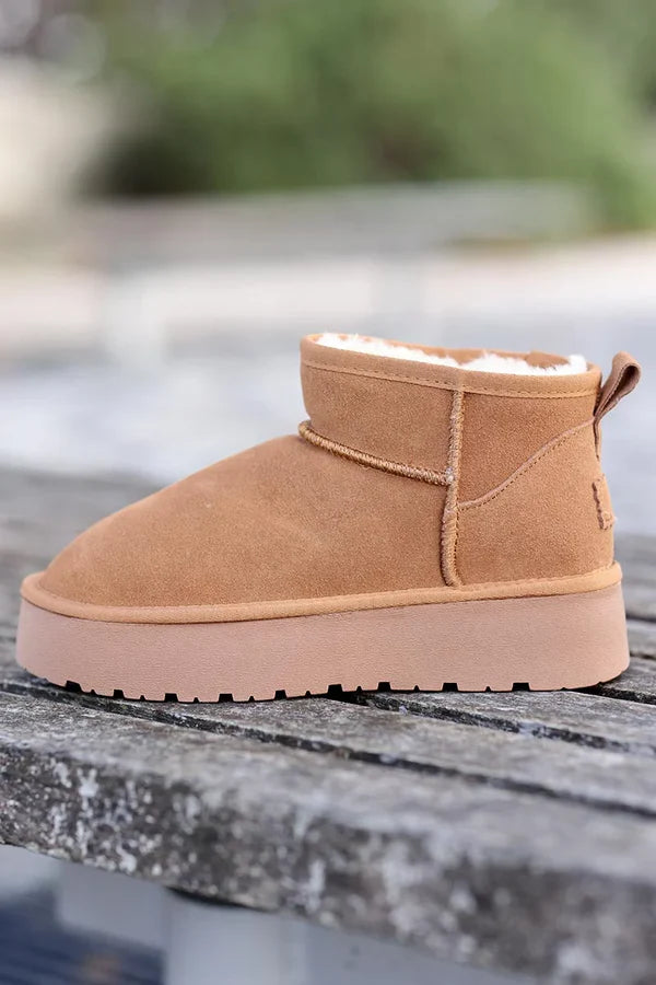 Camel leather suede flatform comfort ankle boots