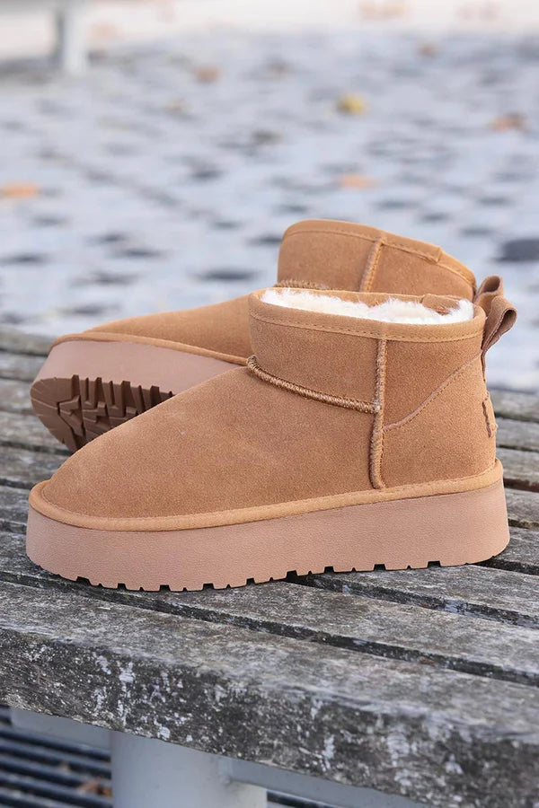 Camel leather suede flatform comfort ankle boots