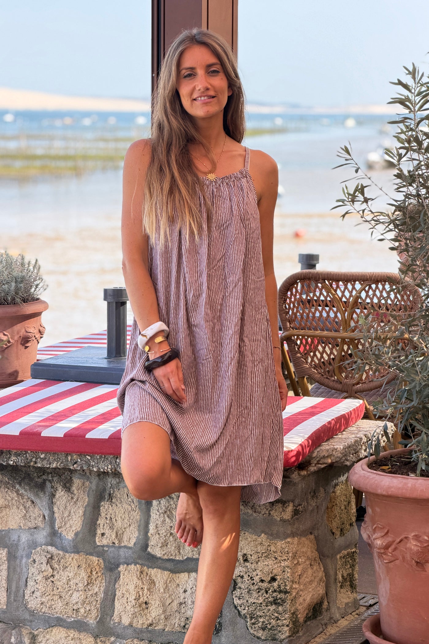 Brown Crinkle Stripe Strappy Sun Dress