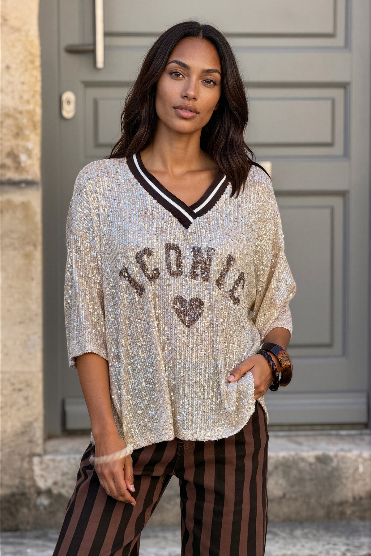 Brown Iconic Mini Sequin Knit Varsity Top