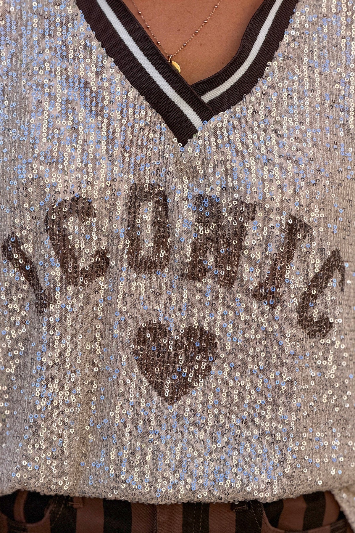Brown Iconic Mini Sequin Knit Varsity Top