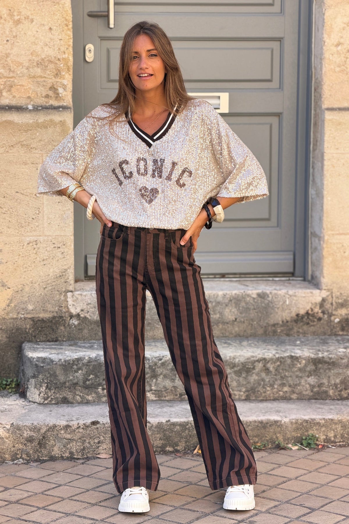 Brown Iconic Mini Sequin Knit Varsity Top