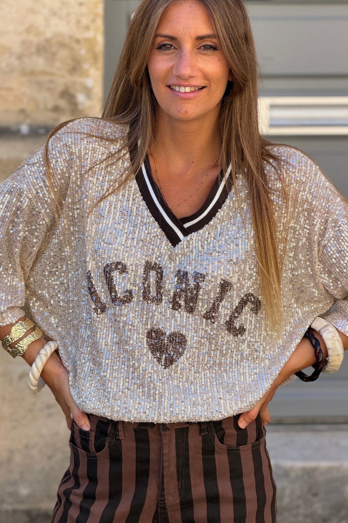 Brown Iconic Mini Sequin Knit Varsity Top