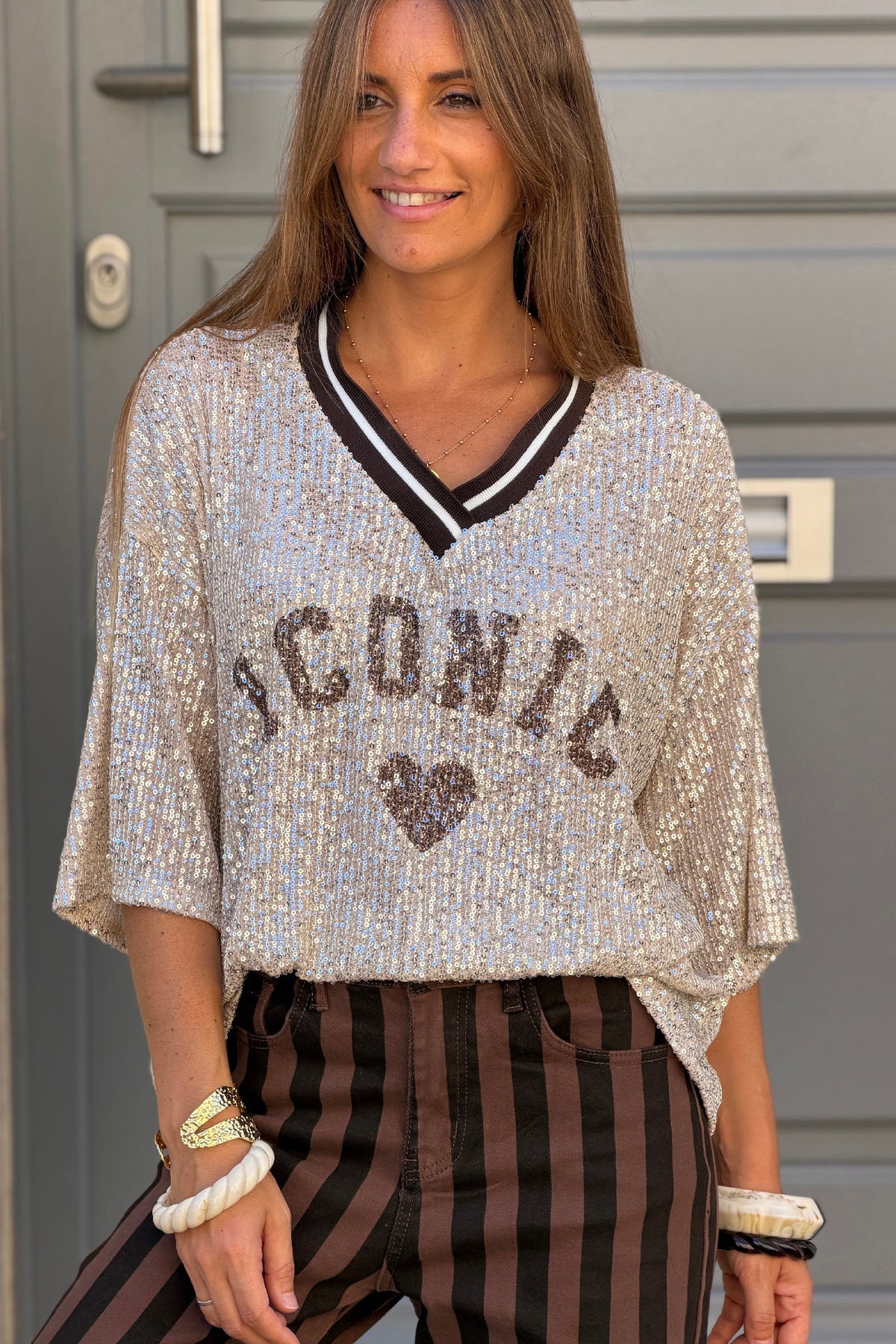 Brown Iconic Mini Sequin Knit Varsity Top