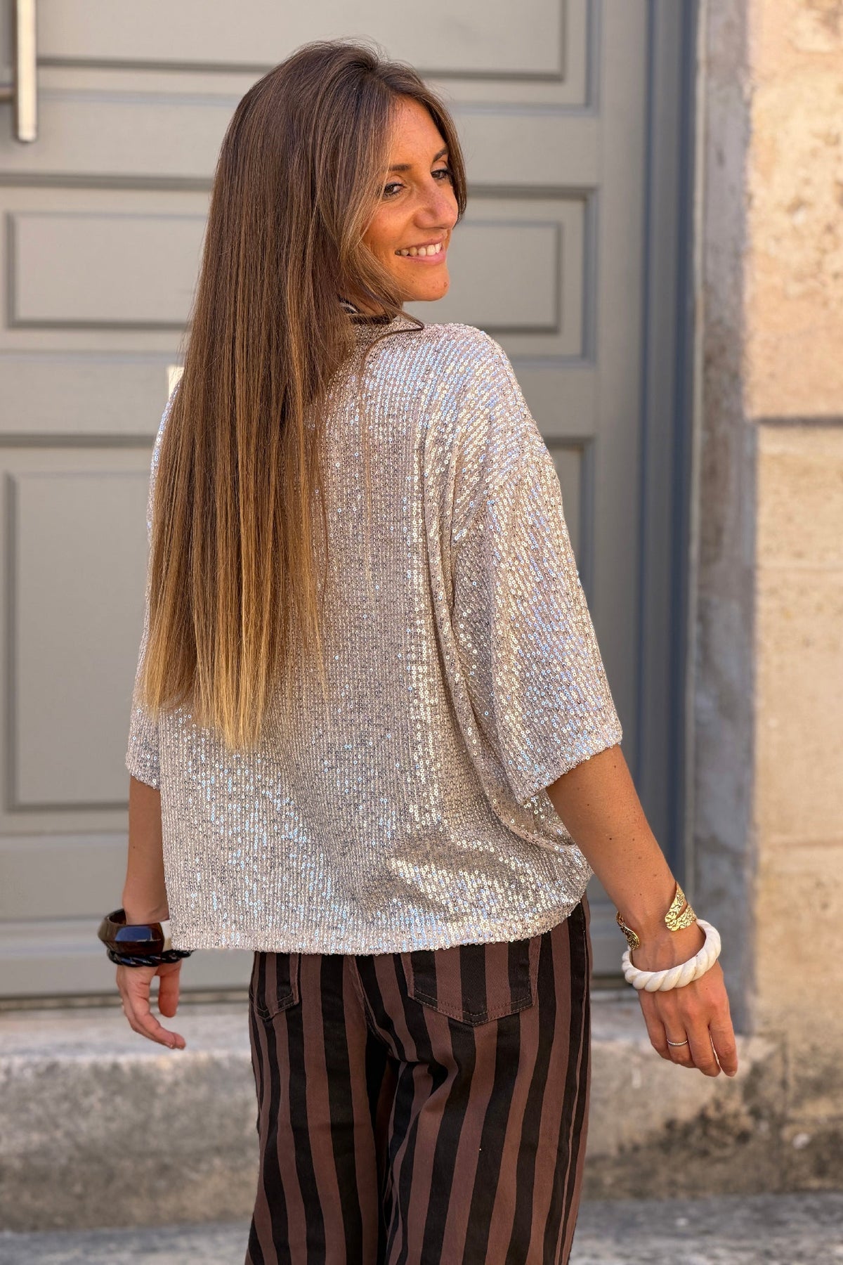 Brown Iconic Mini Sequin Knit Varsity Top