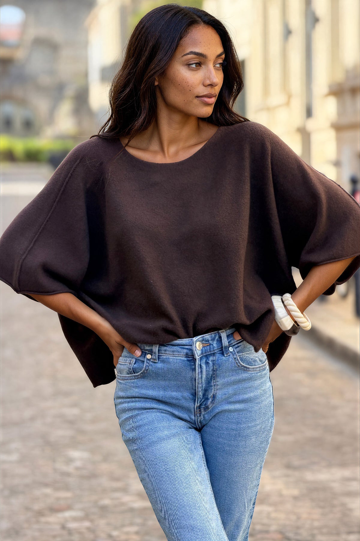 Brown Knit Batwing Blouse
