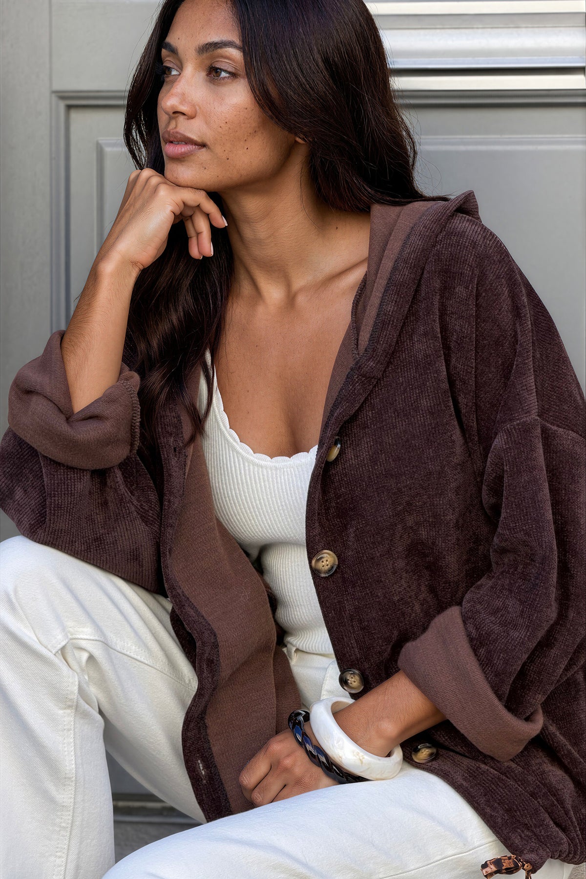 Brown Plush Knit Button-Down Hoodie