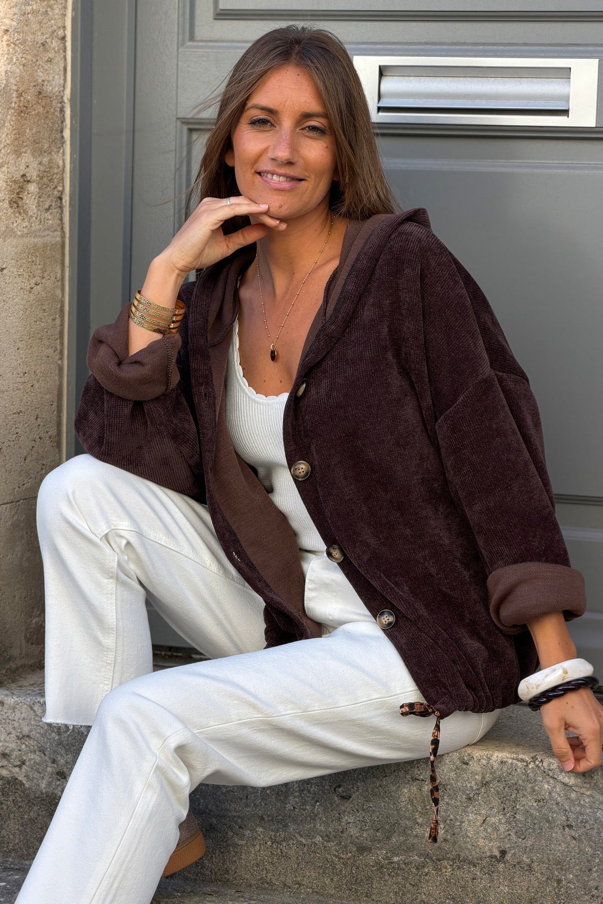 Brown Plush Knit Button-Down Hoodie
