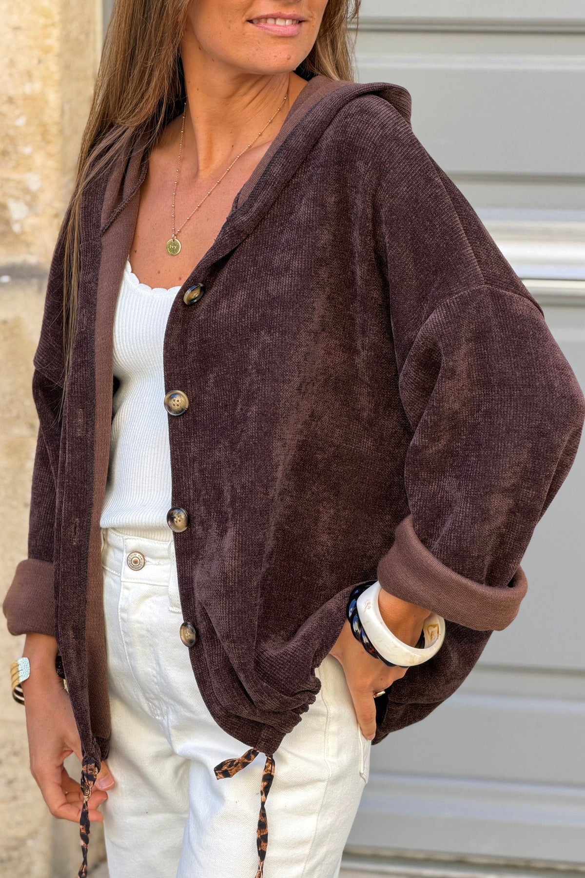 Brown Plush Knit Button-Down Hoodie