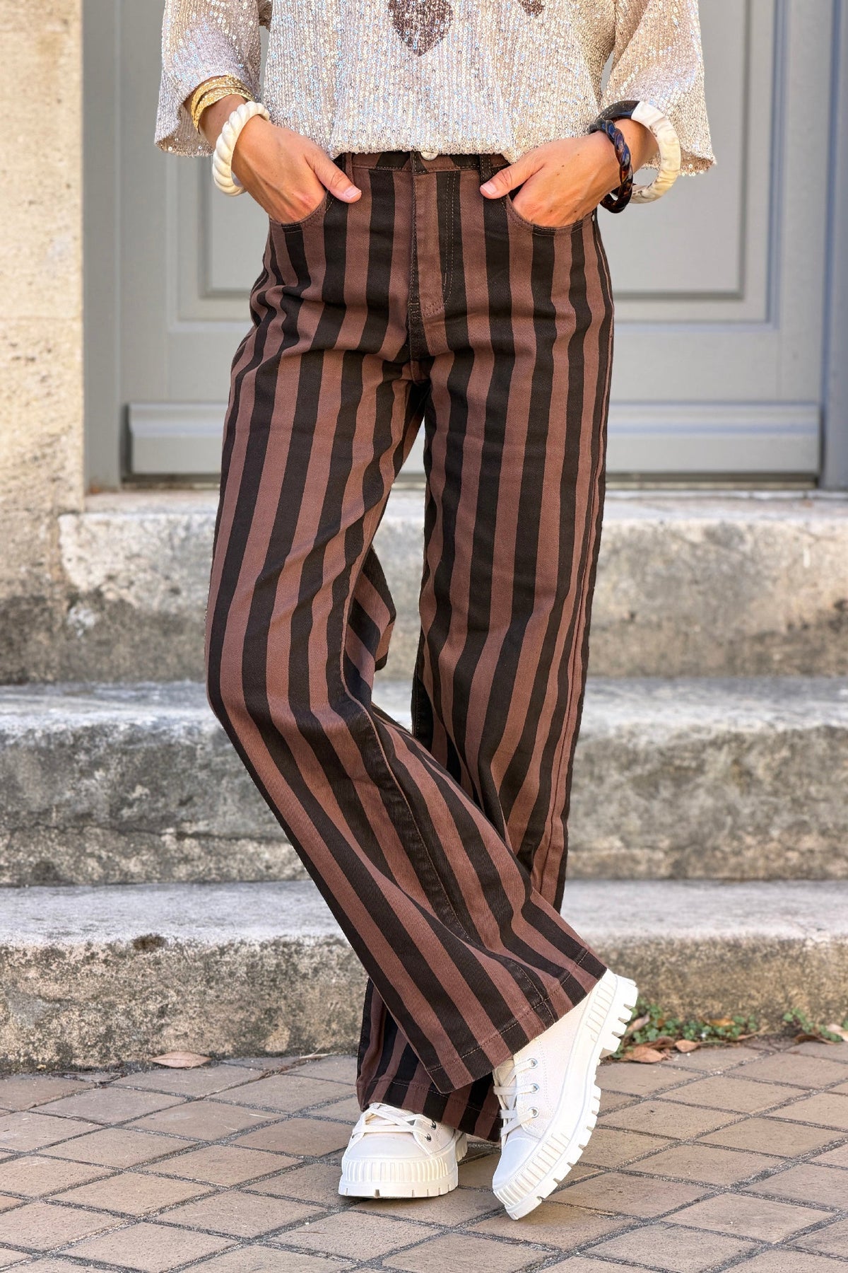 Brown Striped Stovepipe Jeans