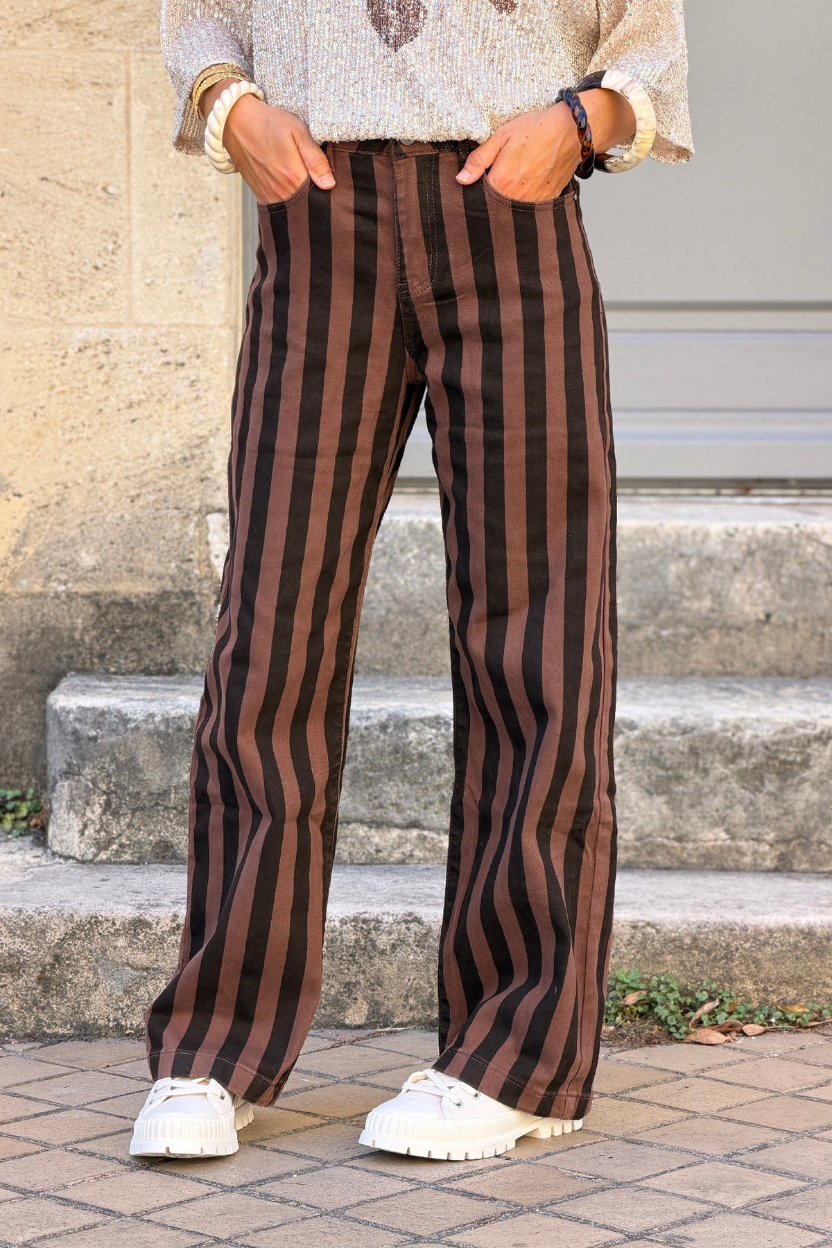 Brown Striped Stovepipe Jeans