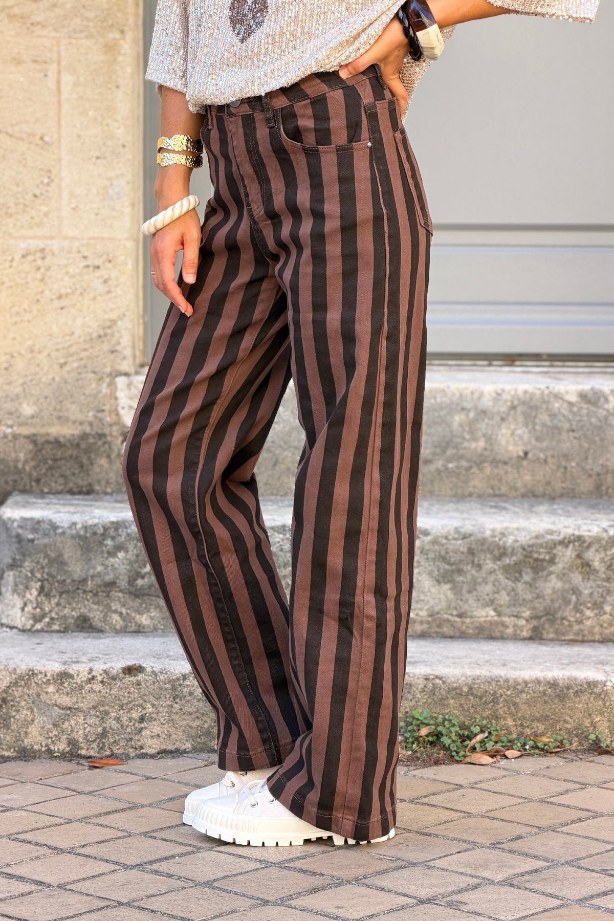 Brown Striped Stovepipe Jeans