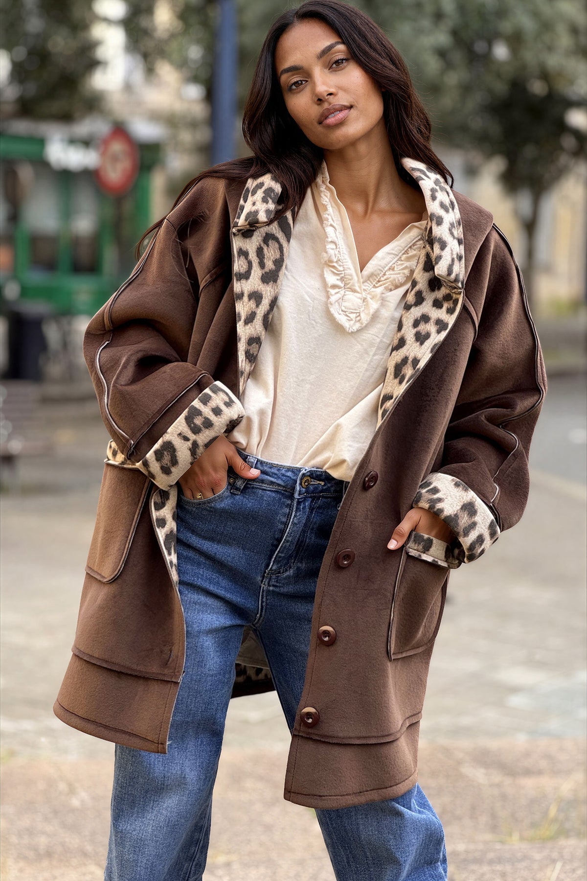Brown Velvet Hooded Jacket with Leopard Trim