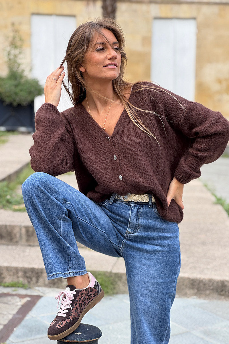 Brown chocolate Mother of Pearl Button through V-Neck Cardigan