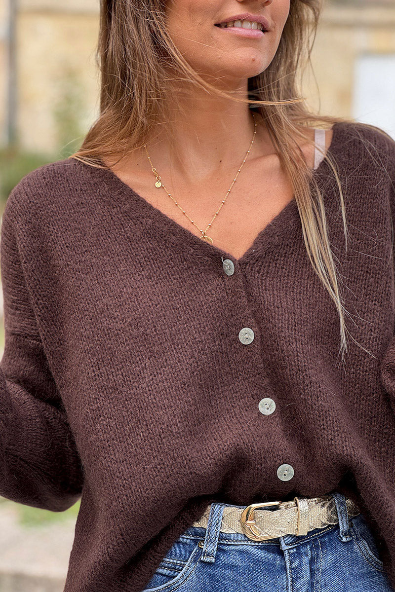 Brown chocolate Mother of Pearl Button through V-Neck Cardigan