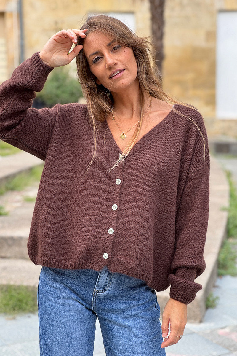 Brown chocolate Mother of Pearl Button through V-Neck Cardigan