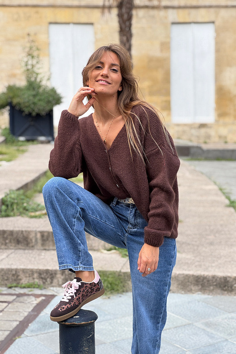 Brown chocolate Mother of Pearl Button through V-Neck Cardigan