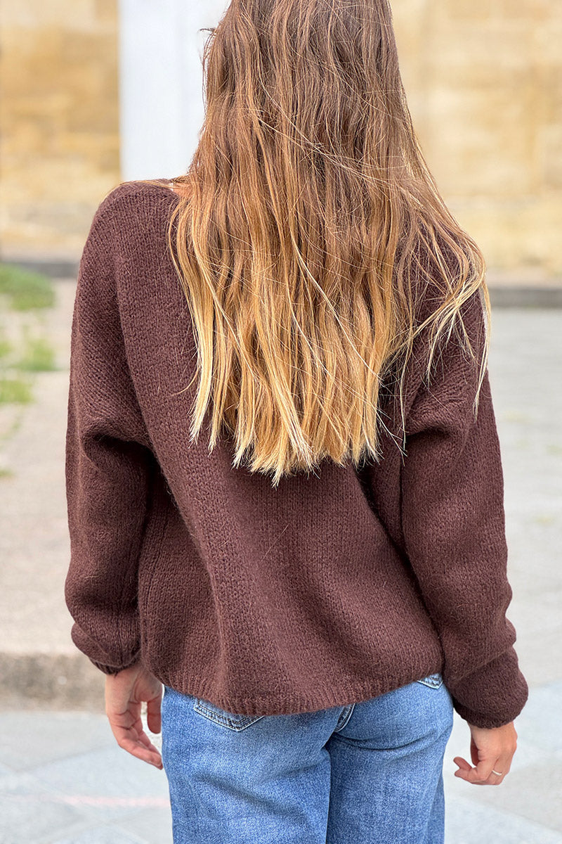 Brown chocolate Mother of Pearl Button through V-Neck Cardigan