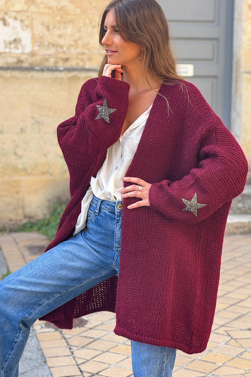 Burgundy Drop-Sleeve Knit Duster with Star Studded Cuffs