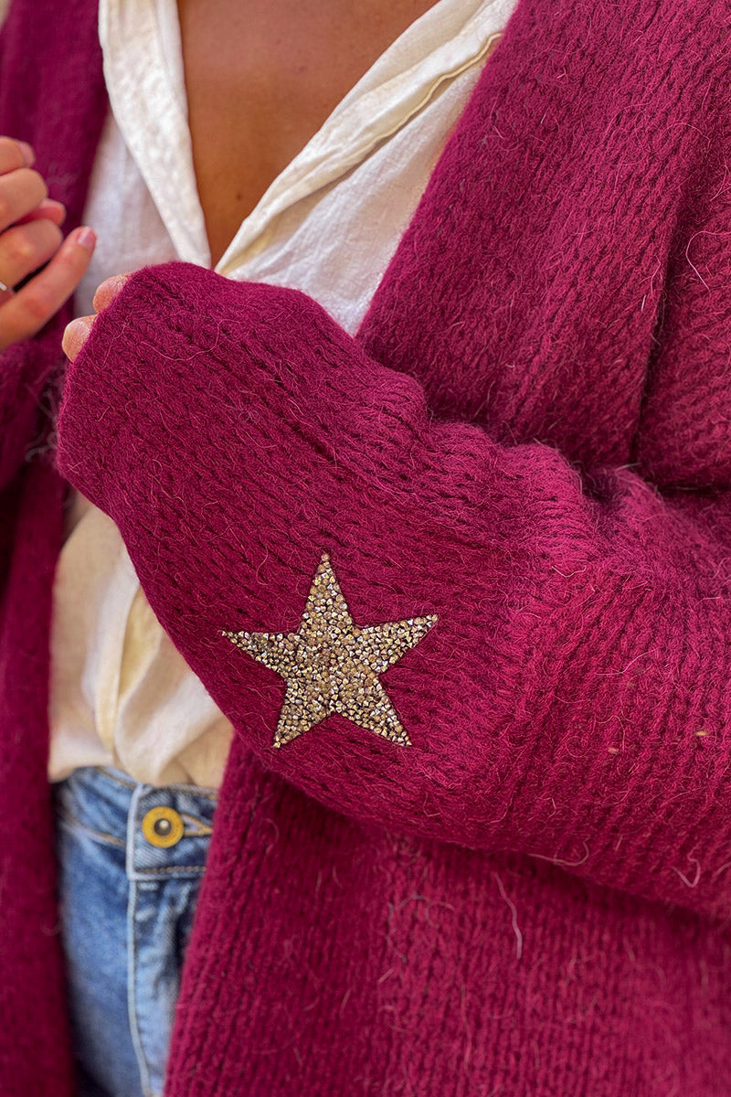 Burgundy Drop-Sleeve Knit Duster with Star Studded Cuffs