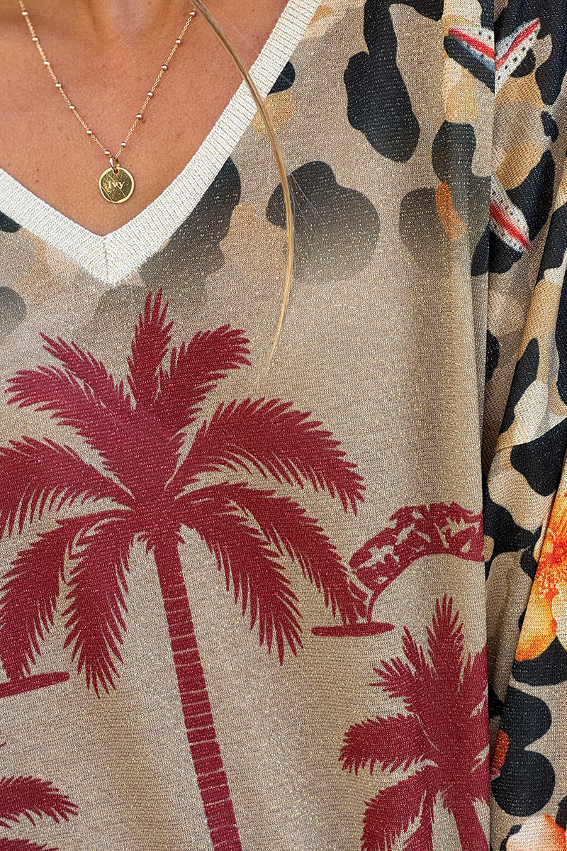 Camel Jungle Palms Long-Sleeve Glitter Knit Top