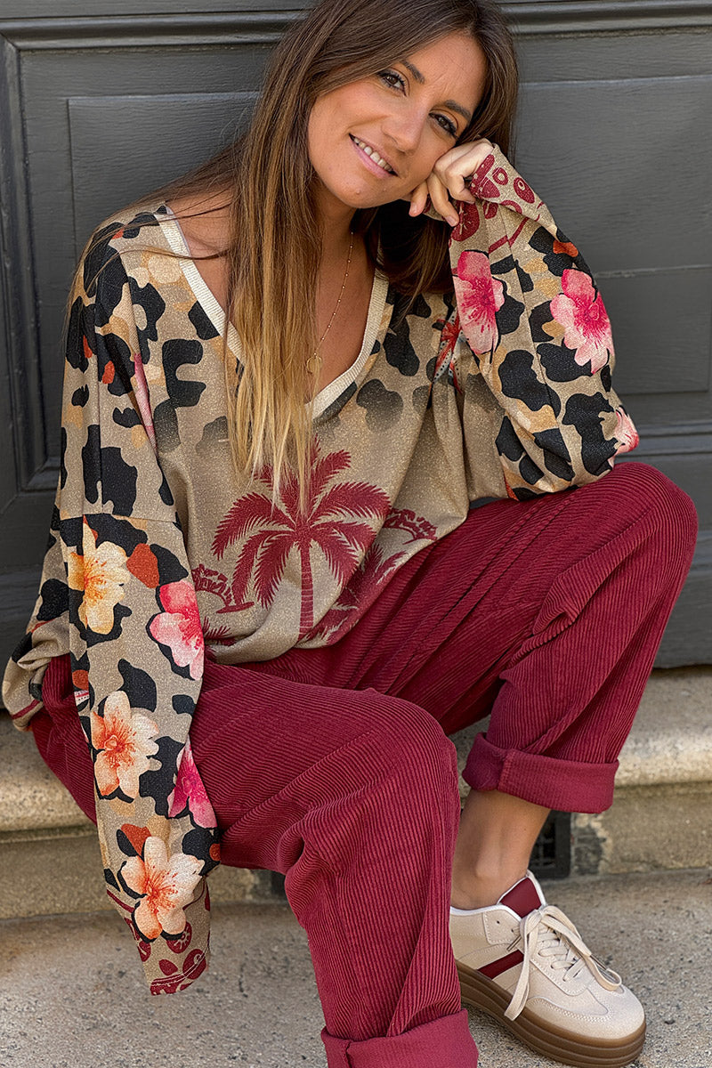 Camel Jungle Palms Long-Sleeve Glitter Knit Top