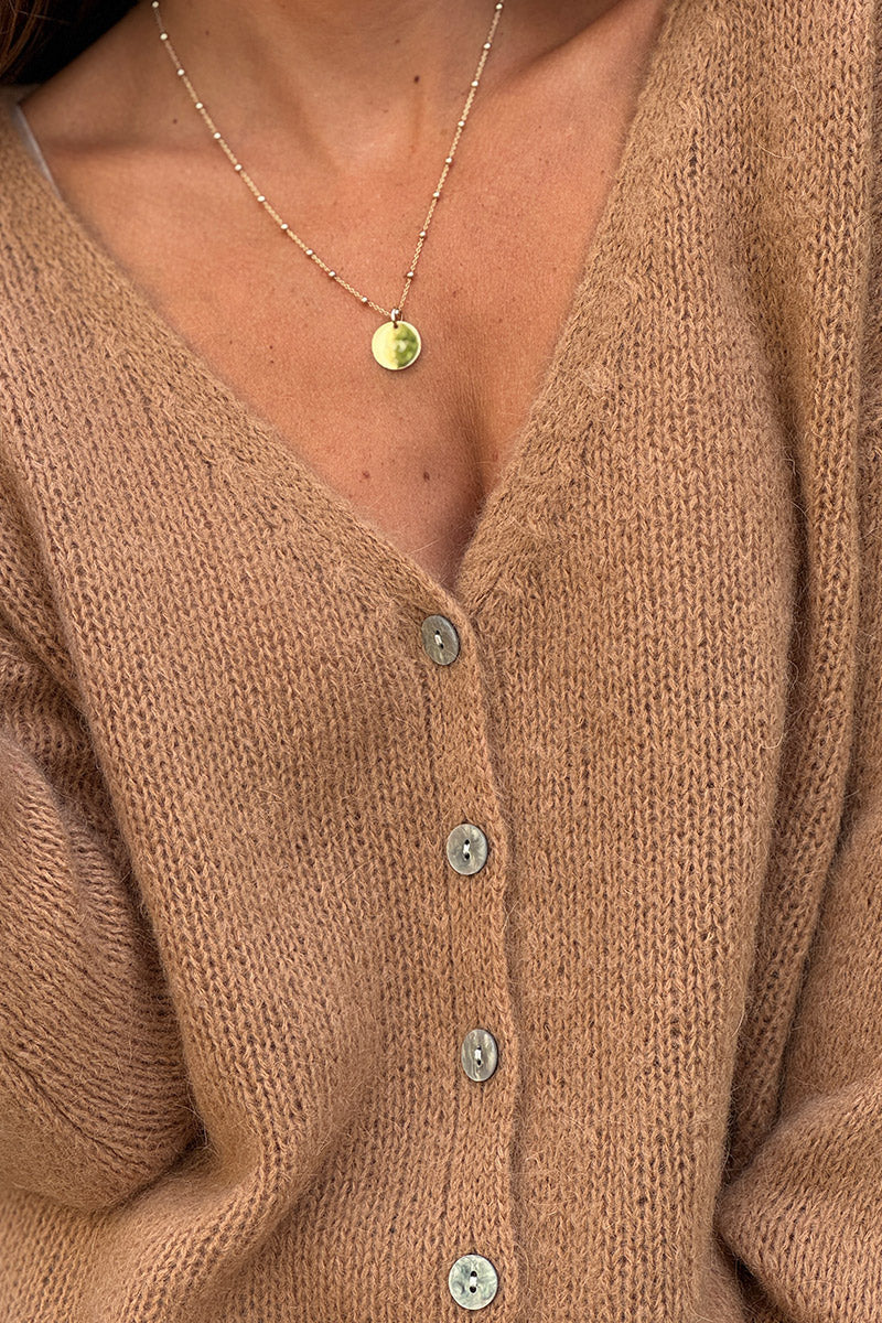 Camel Mother of Pearl Button through V-Neck Cardigan