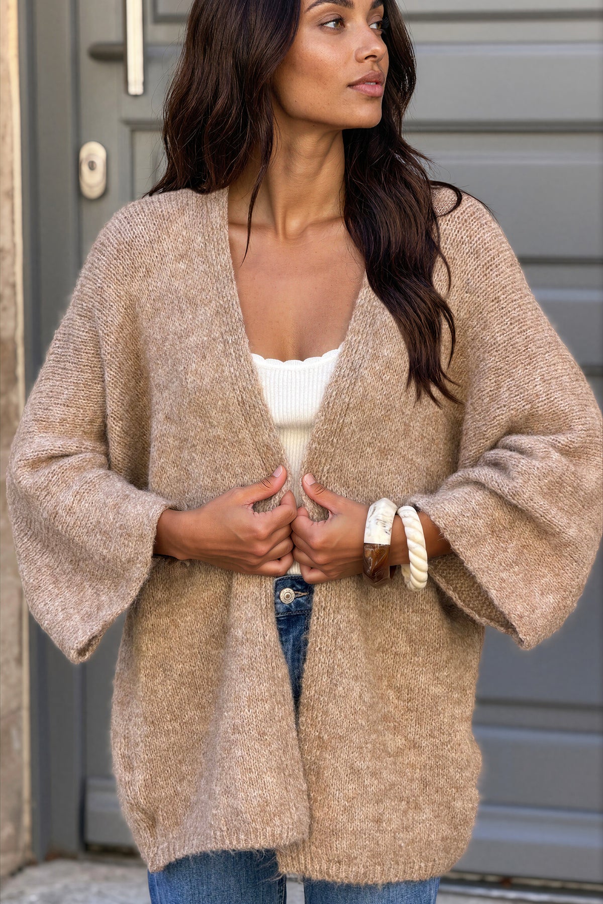 Camel Wool Blend Bell Sleeve Knit Cardigan