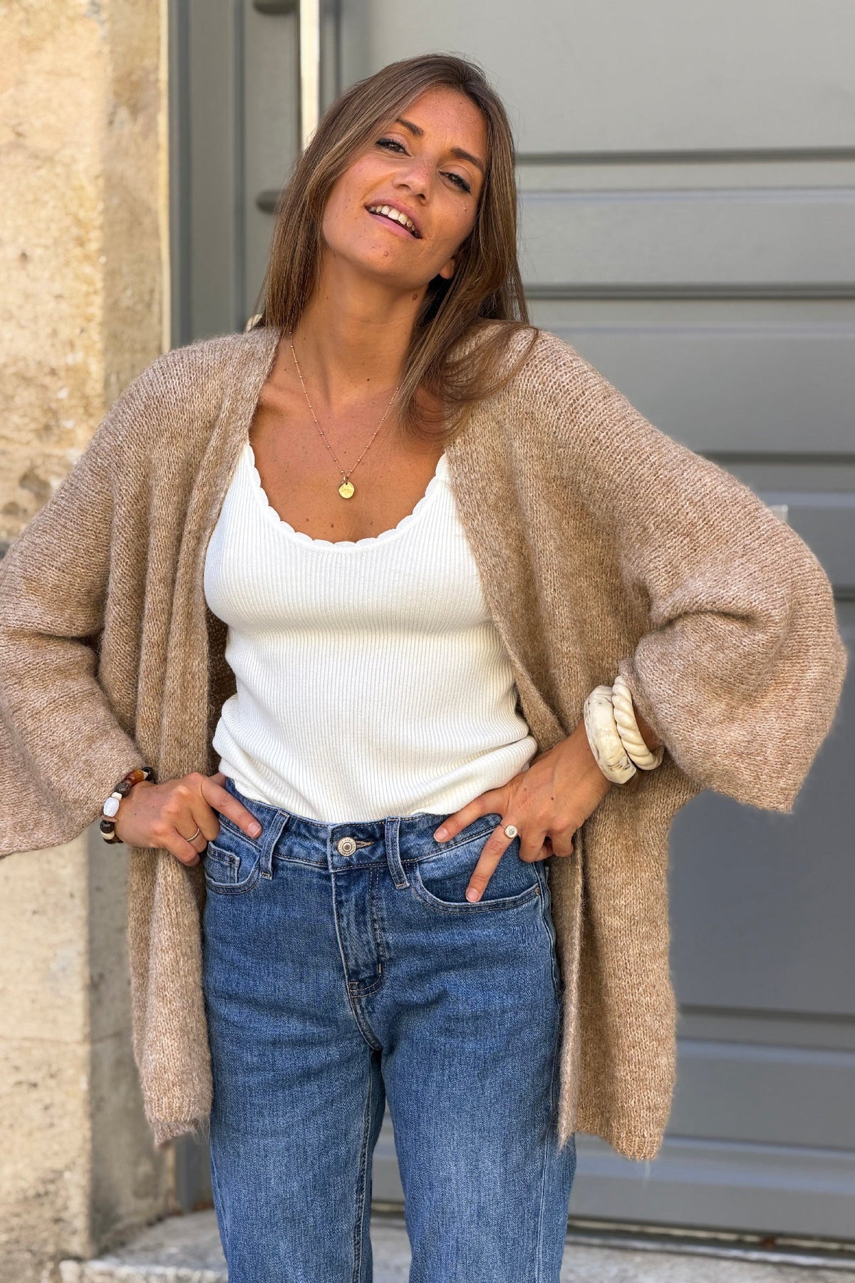 Camel Wool Blend Bell Sleeve Knit Cardigan