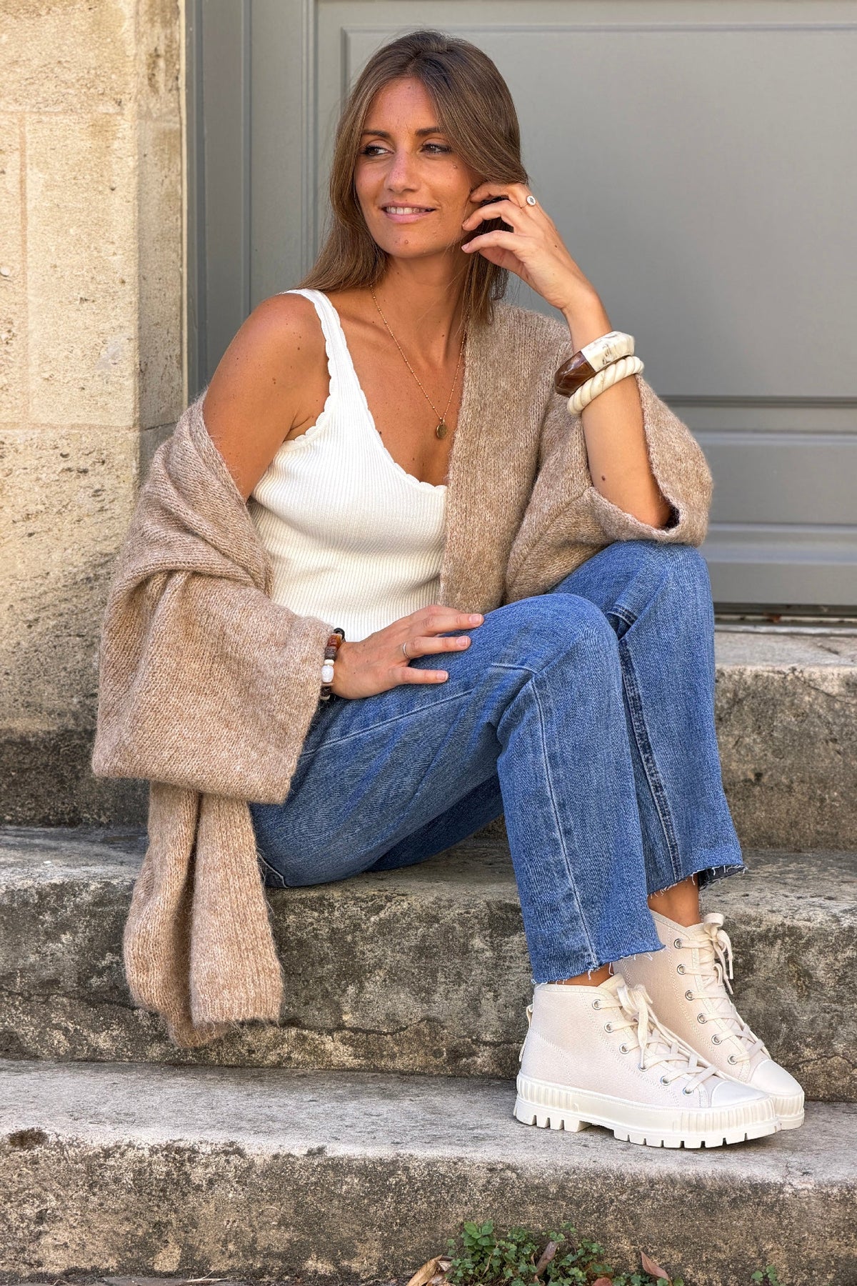 Camel Wool Blend Bell Sleeve Knit Cardigan